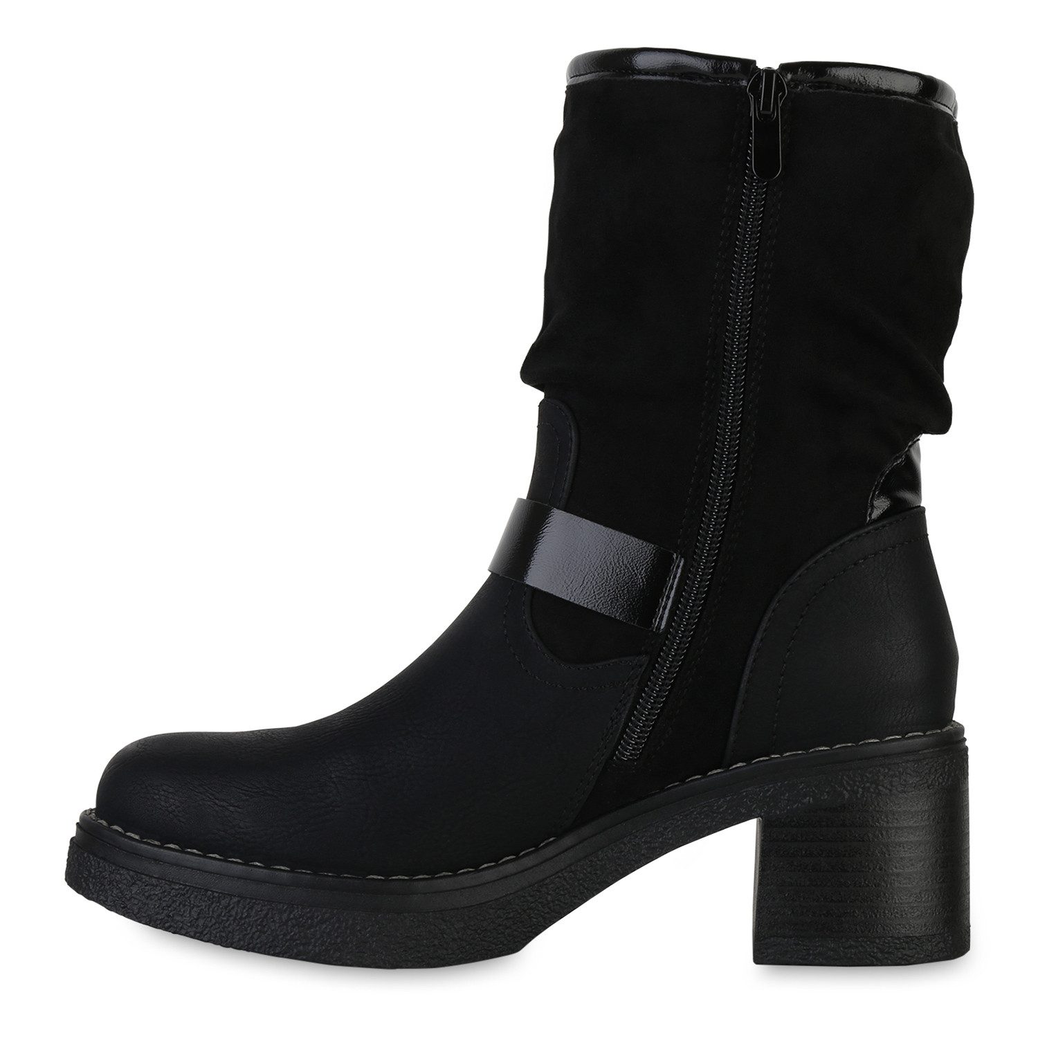 VAN HILL 841800 Bikerboots Damen Biker Boots Stiefeletten Schnallen Holzopt günstig online kaufen