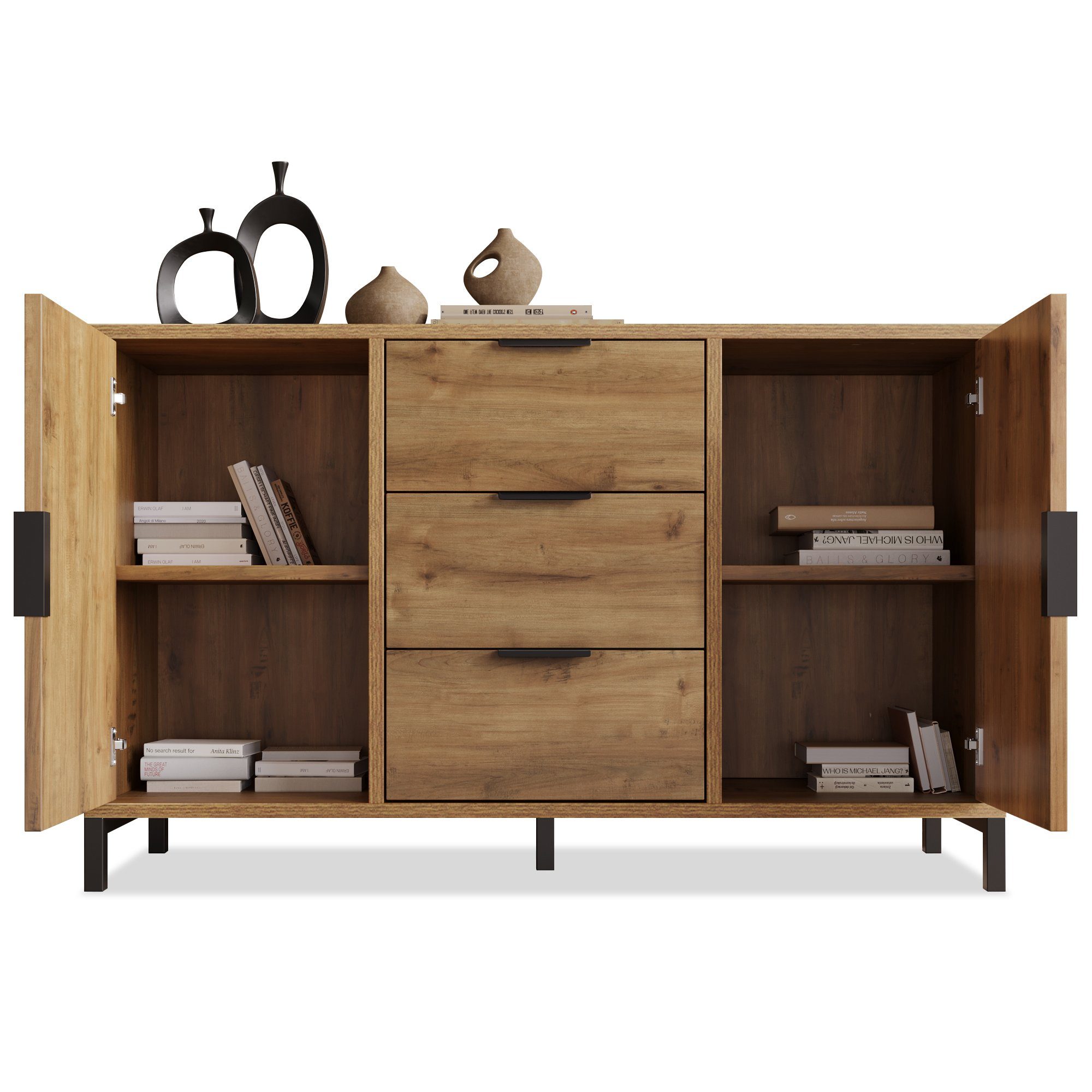 für Kommode Highboard Highboard Schlafzimmer Verstellbare Sideboard Türen (mit Schubladenkommode, und SPLOE Ablage, Schubladen), HAUSS Kommode 3 Sideboard & 2