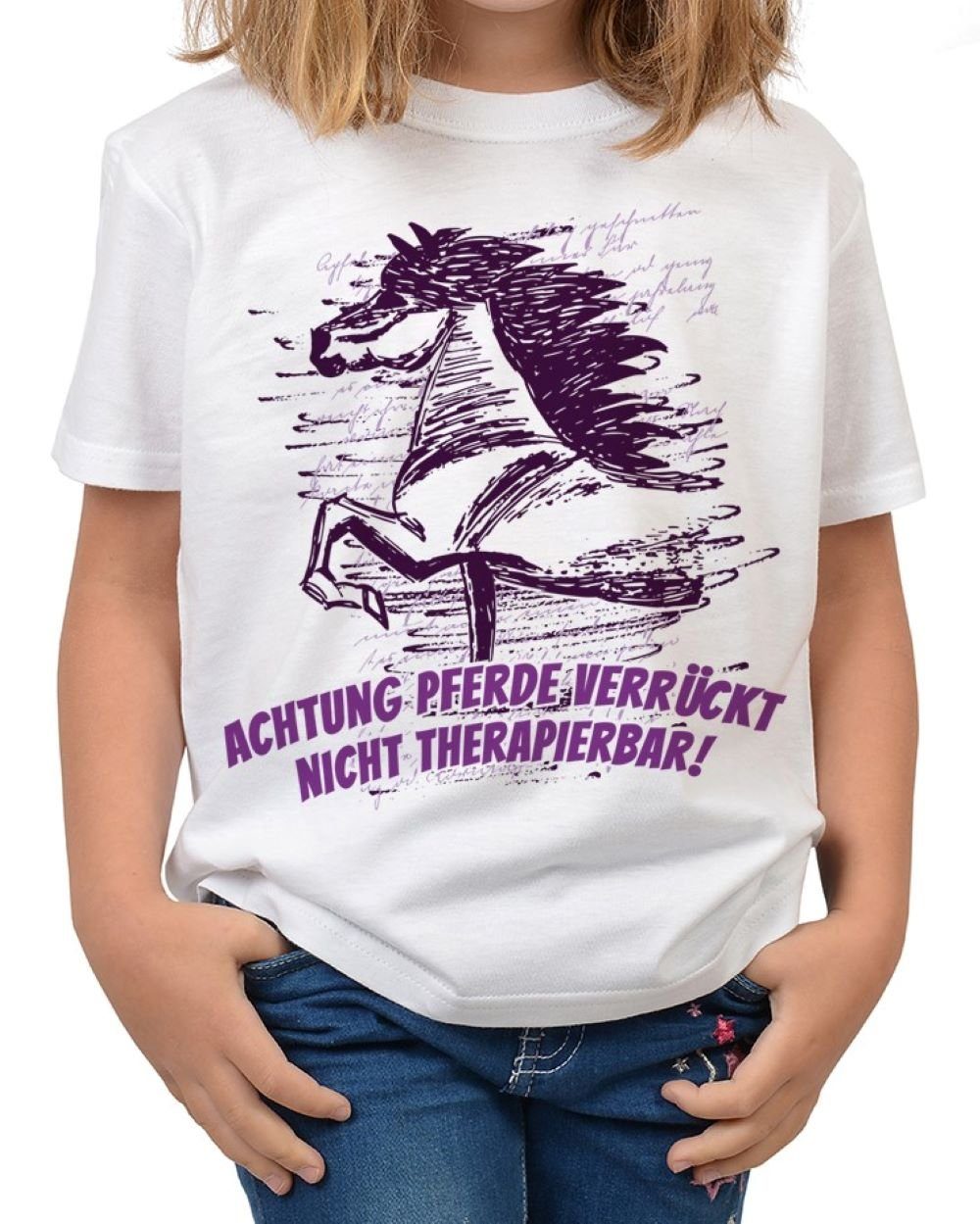 Tini - Shirts T-Shirt Mädchen Pferde Motiv Shirt Pferde Sprüche Kindershirt: Achtung Pferdeverrückt !!