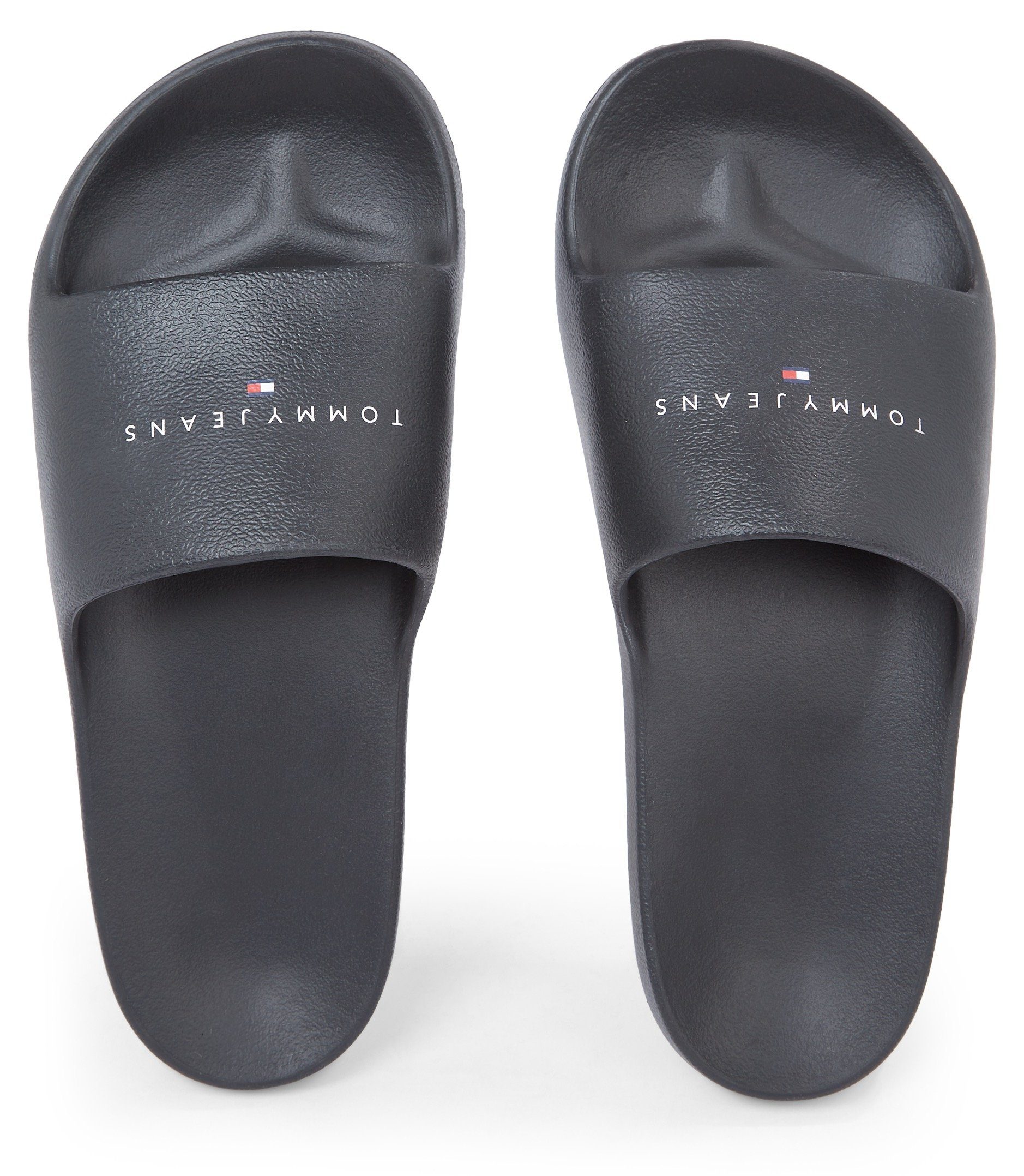 Tommy Jeans TJW PRINTED PU POOL SLIDE Pantolette, Plateau, Sommerschuh, Schlappen mit Logoschriftzug, in schmaler Form