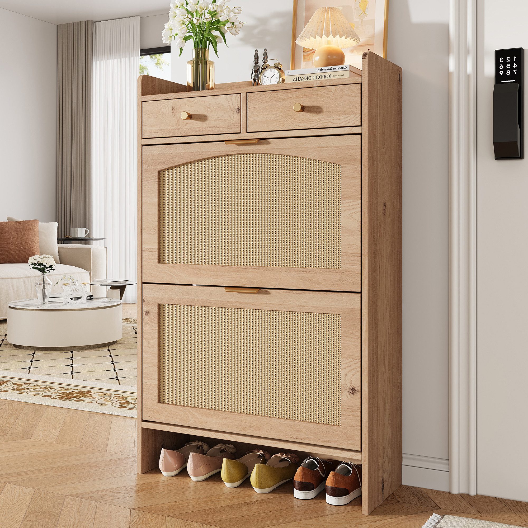 Flieks Schuhschrank Schuhkipper Schuhkommode mit Arbeitsplatte, 2 Rattan-Klappen Holzoptik (65×25×106 cm, 1-St) Schuhregal Flurschrank mit verstellbaren Einlegeböden Landhausstil
