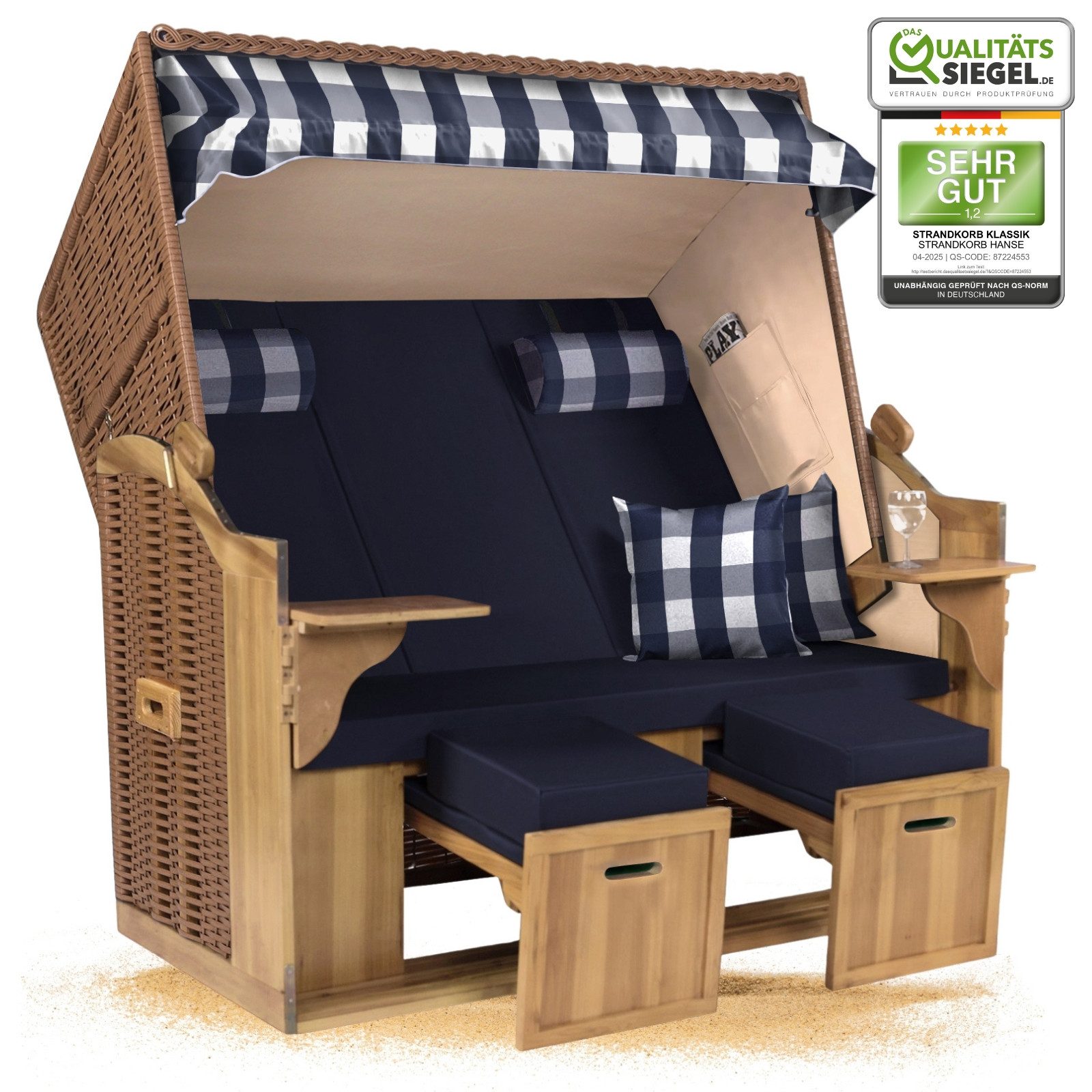 Strandkorb Hanse Strandkorb Strandkorb Ostsee XXL 2,5-Sitzer Volllieger Beige Blau, BxTxH: 150x80x160 cm, Ostsee XXL Volllieger, Ostsee 2,5-Sitzer Modell 2025, Stabiles Wacholder mit handgefertigtem Polyrattangeflecht