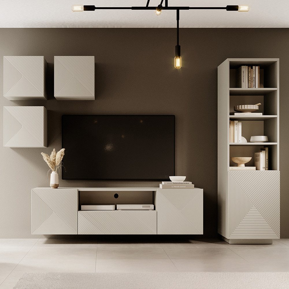 Lomadox Wohnwand ADARE-141, (5-St., Hängeschränke Lowboard Regal), in kaschmir mit gerillter Front, grifflos, Push-to-Open