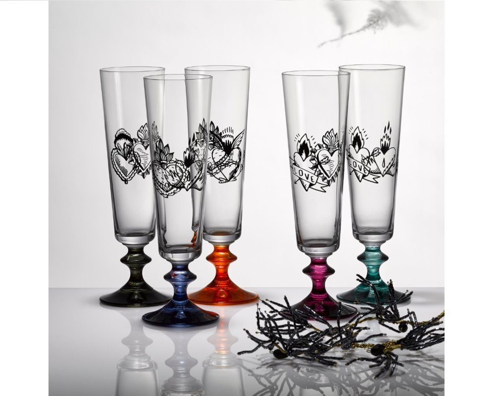 Crystalex Sektglas Sektgläser Bella Hard Heart Herz Tattoo Kristallglas 205 ml 6er Set, Kristallglas, mehrfarbiger, Kristallglas, Bohemia