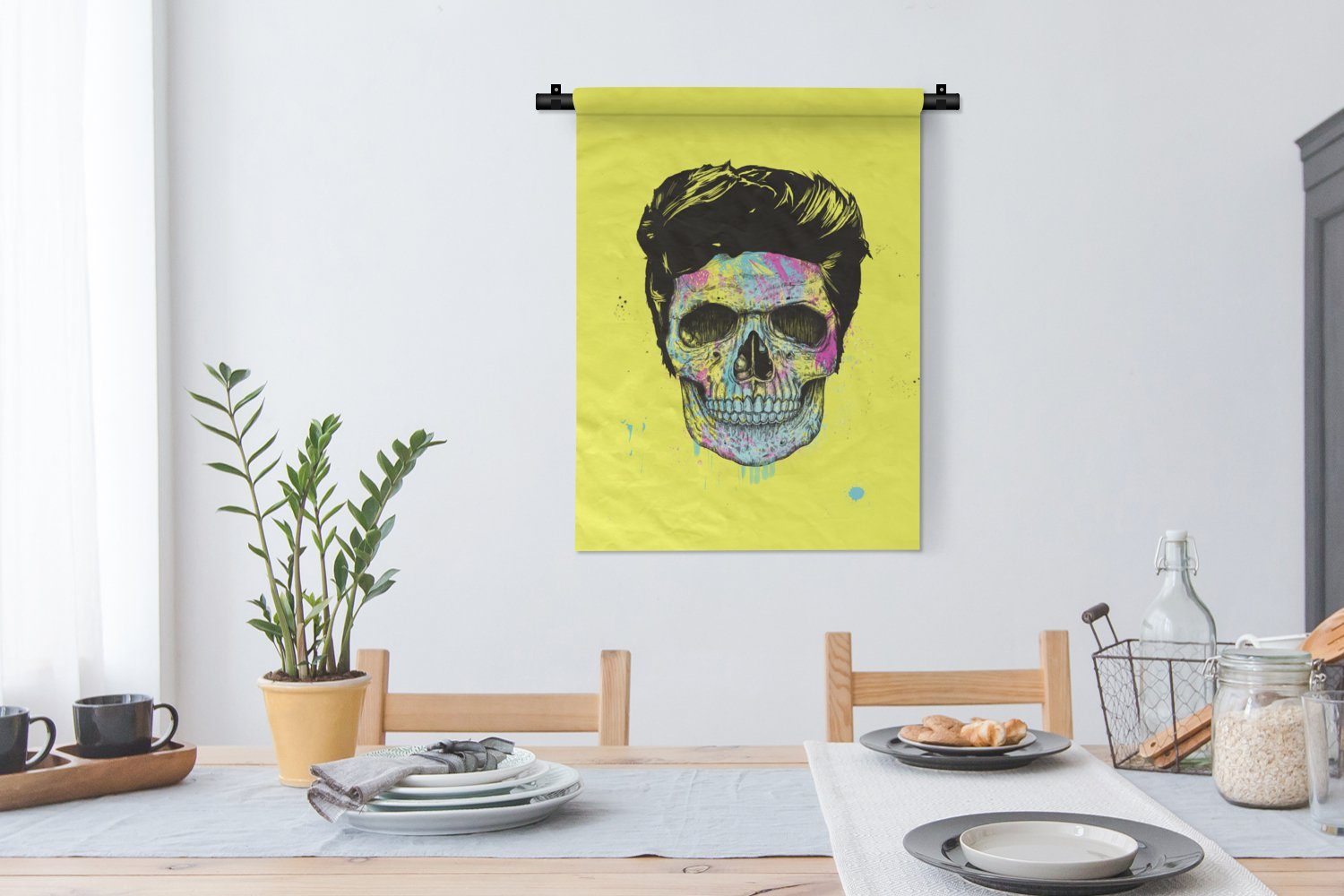 Wand, der Gelb für Totenkopf Totenkopf, Regenbogen Wanddekoobjekt Tapisserie, Deko Schlafzimmer - - - Frisur - MuchoWow an Wohnzimmer,