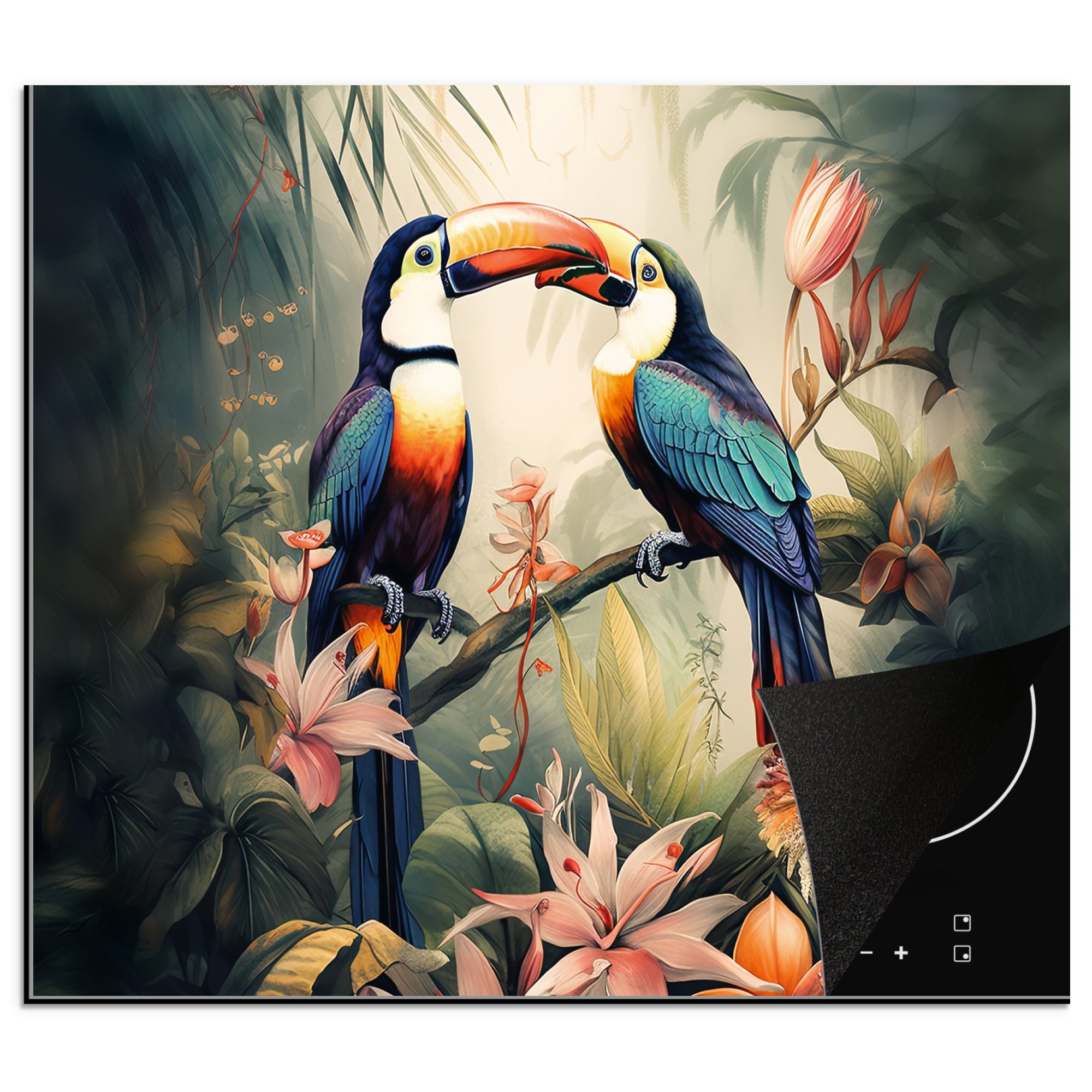 MuchoWow Herdblende-/Abdeckplatte Tukan - Vögel - Blumen - Natur - Dschungel, Vinyl, (1 tlg), 60x52 cm, Mobile Arbeitsfläche nutzbar, Ceranfeldabdeckung