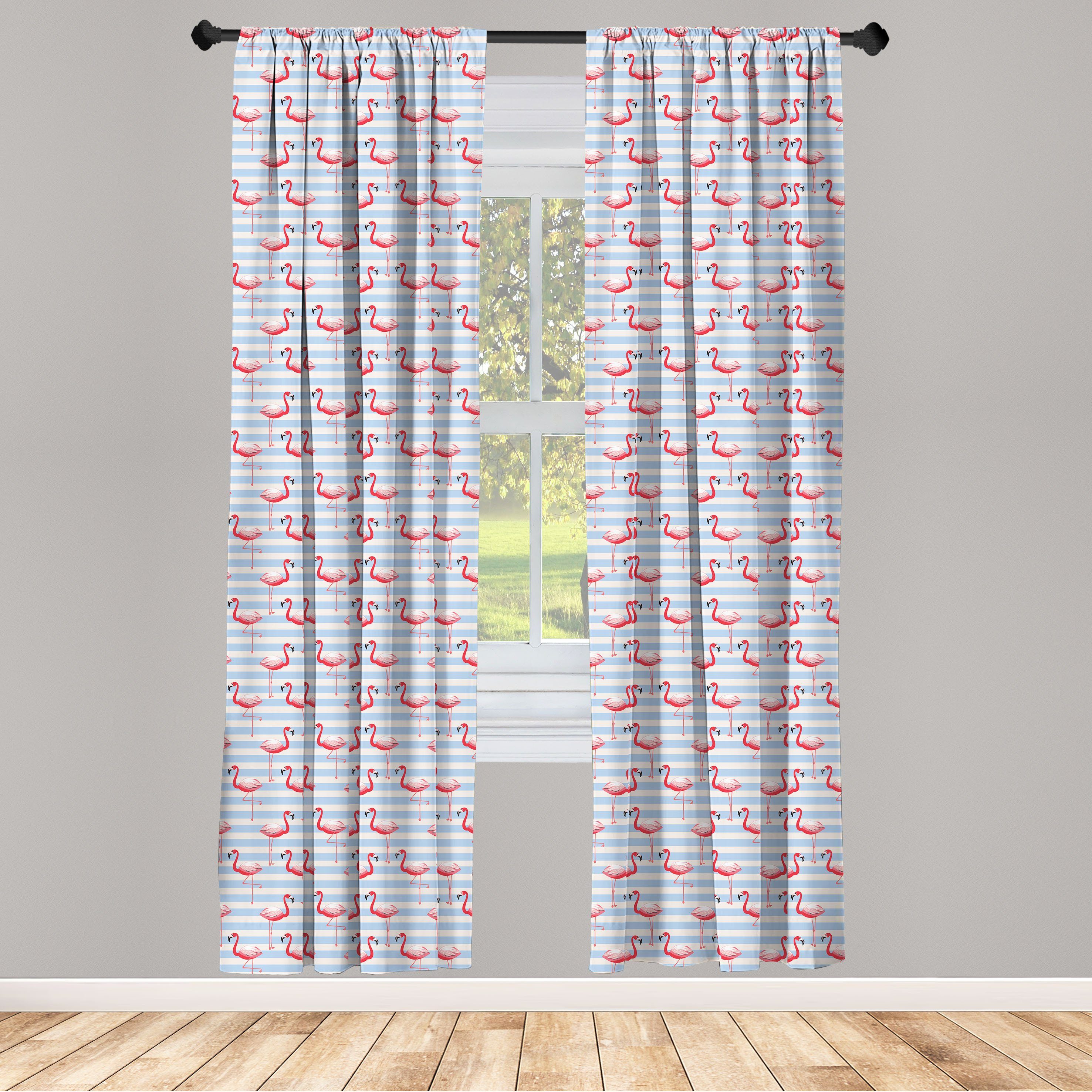 Gardine Vorhang für Wohnzimmer Schlafzimmer Dekor, Abakuhaus, Microfaser, Flamingo Vögel auf Marine-Streifen
