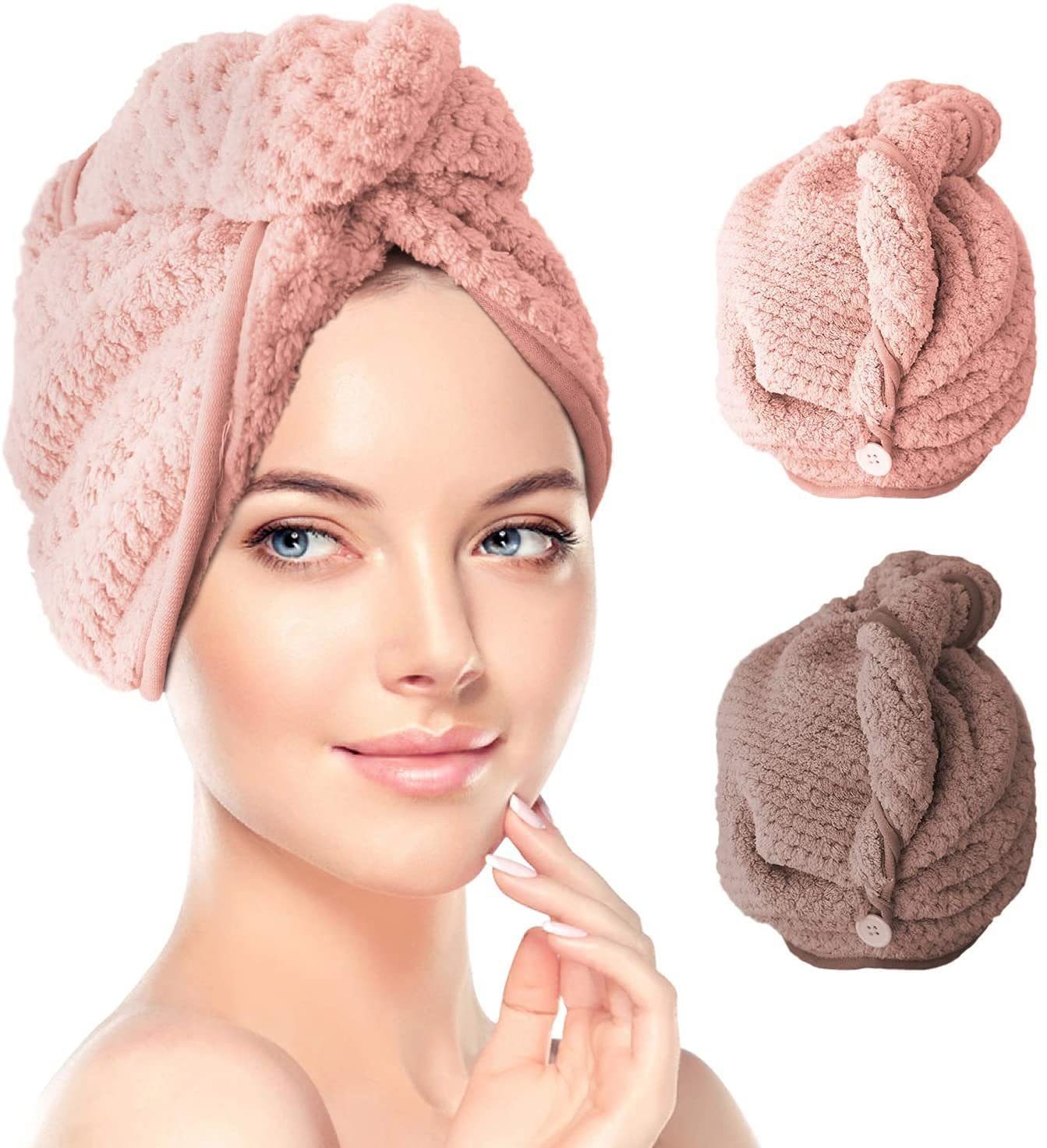 GCOA 3PCS Haartrockentuch Haarturban Handtuch für die Haare,Haar Handtuch Turban Schnelltrocknendes Handtuch für Mädchen Frauen Pink & Beige & Dunkler Kaffee