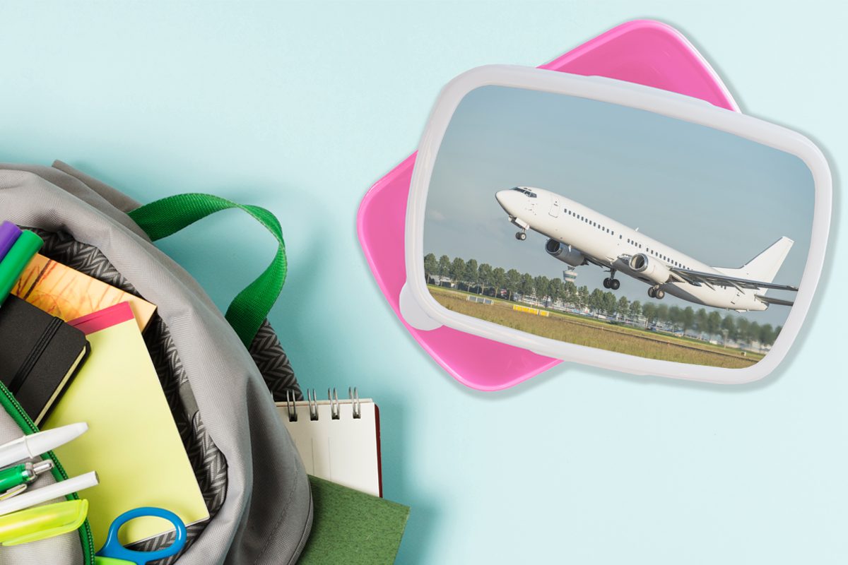 Abfliegende Mädchen, Kunststoff, (2-tlg), Lunchbox Kunststoff in Schiphol, für Erwachsene, Kinder, Flugzeuge Snackbox, Brotdose Brotbox rosa MuchoWow