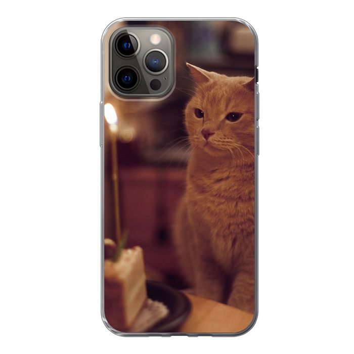 MuchoWow Handyhülle Katze - Geburtstag - Kerze Handyhülle Apple iPhone 12 Pro Smartphone-Bumper Print Handy