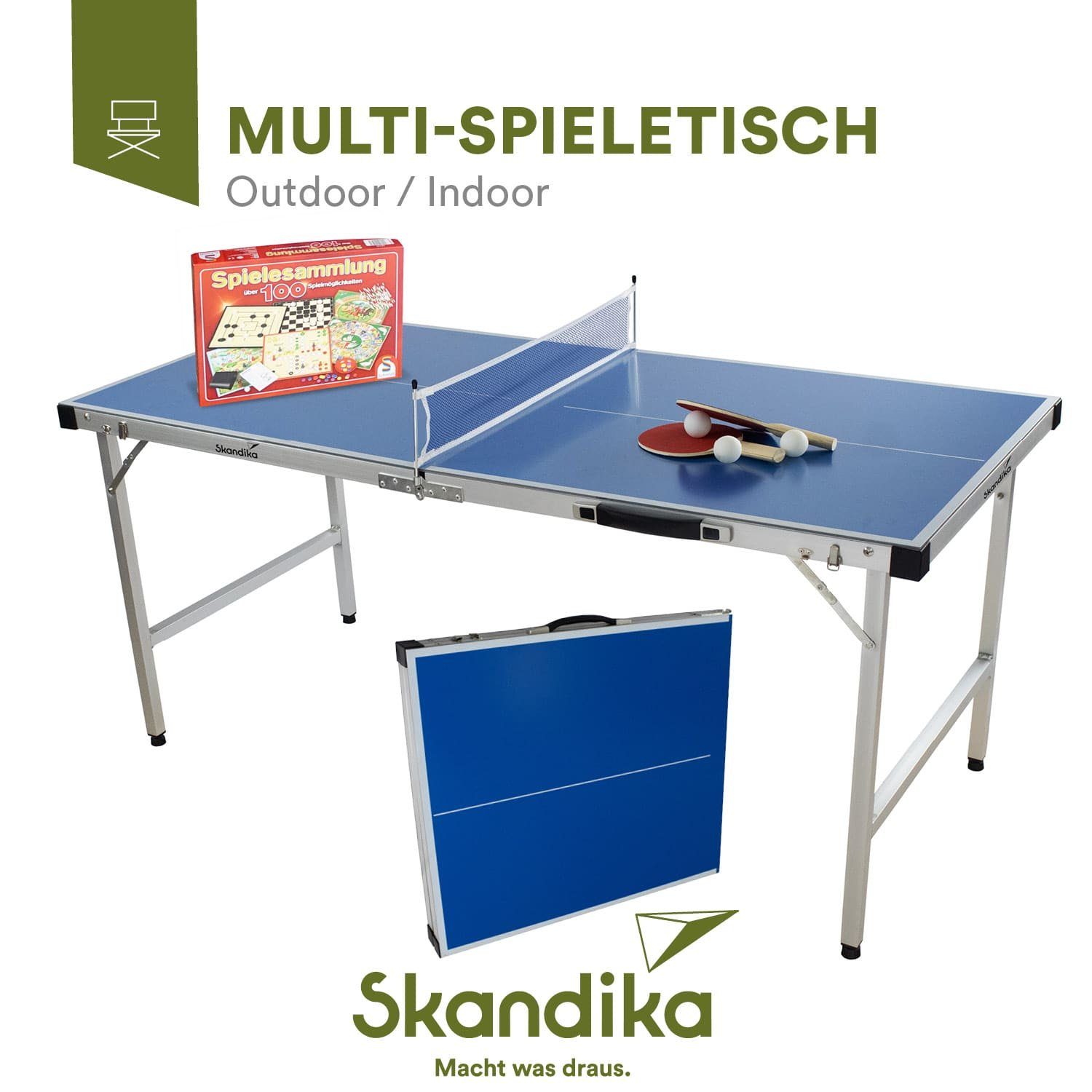 Skandika Mini-Tischtennisplatte Multi-Spieletisch inkl. Spielesammlung, Esstisch, Tischtennisplatte, Inkl. 100-teiliges Spiele-Set und Tischtennis-Zubehör, Wetterfest