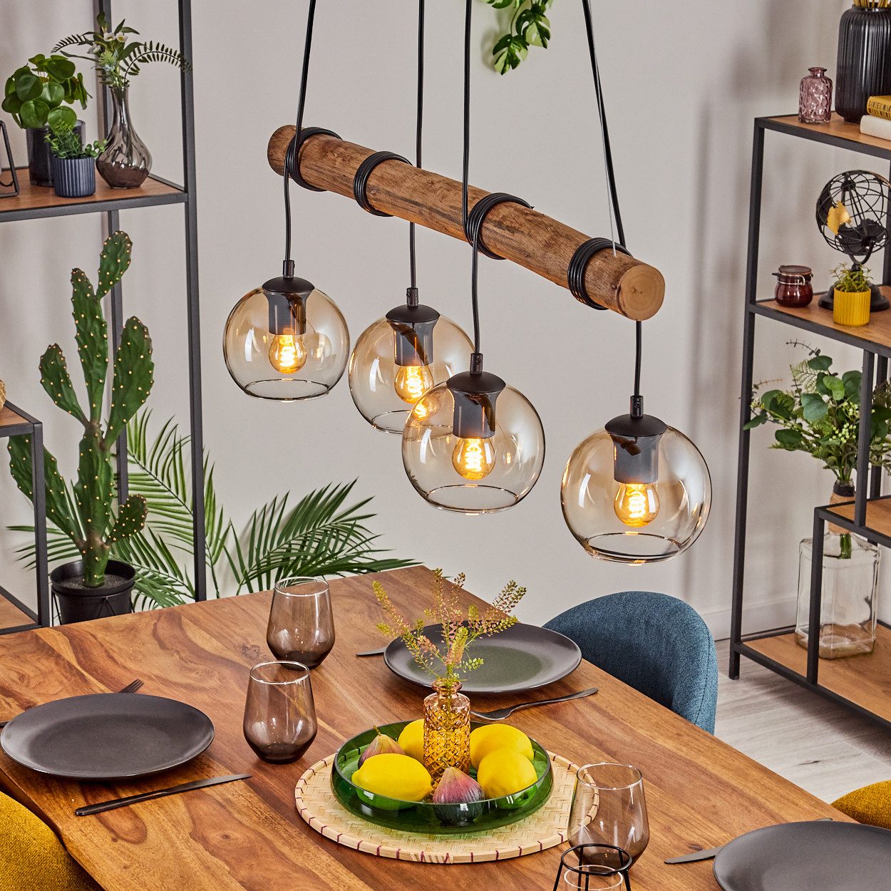 hofstein Pendelleuchte Hängelampe aus Metall/Holz/Glas in günstig online kaufen
