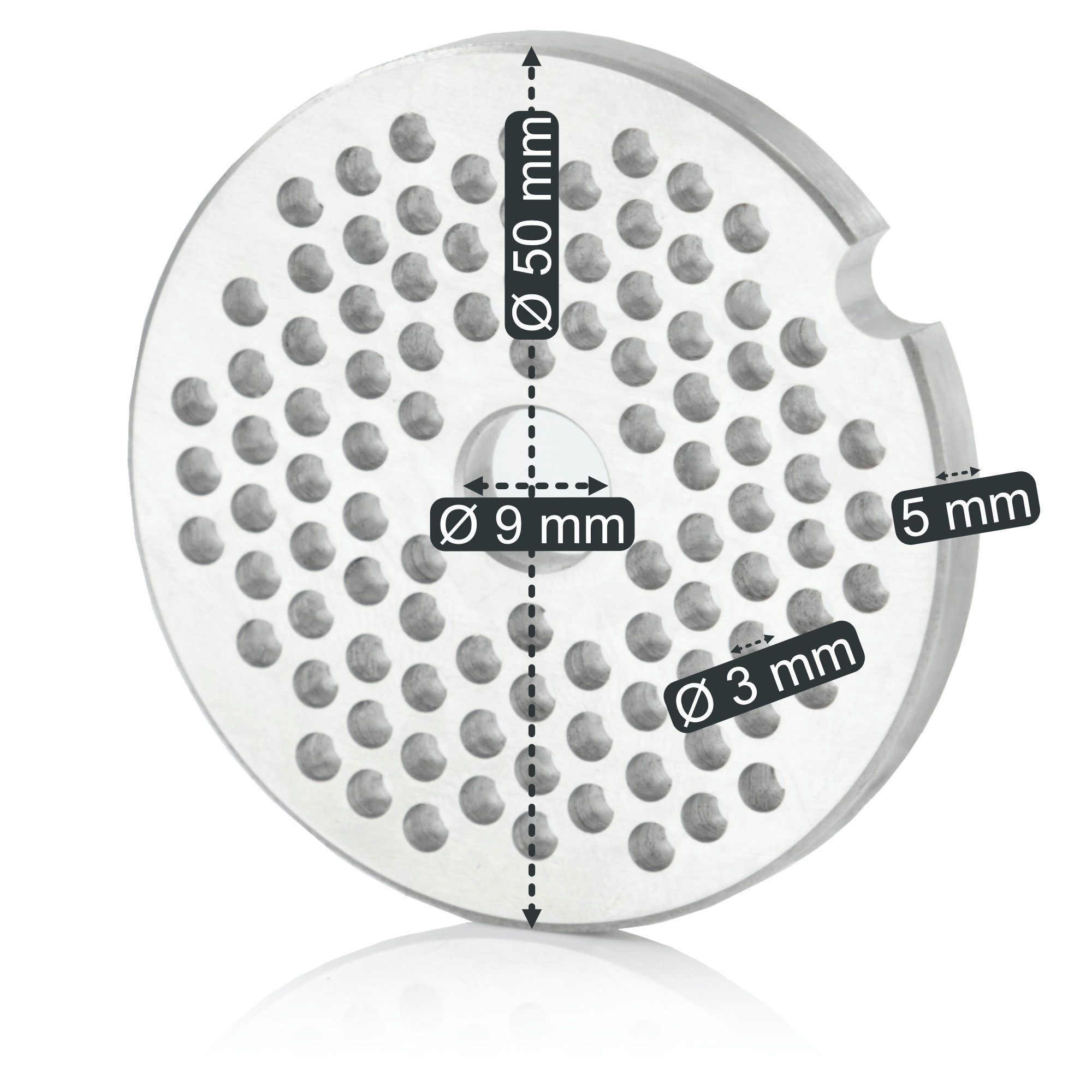 Mahlzeit Fleischwolfaufsatz Edelstahl Lochscheibe ø 3 mm für Profi Fleischwolf elektrisch, ø 5cm, Zubehör für Fleichwölfe mit dem Durchmesser von 5 cm