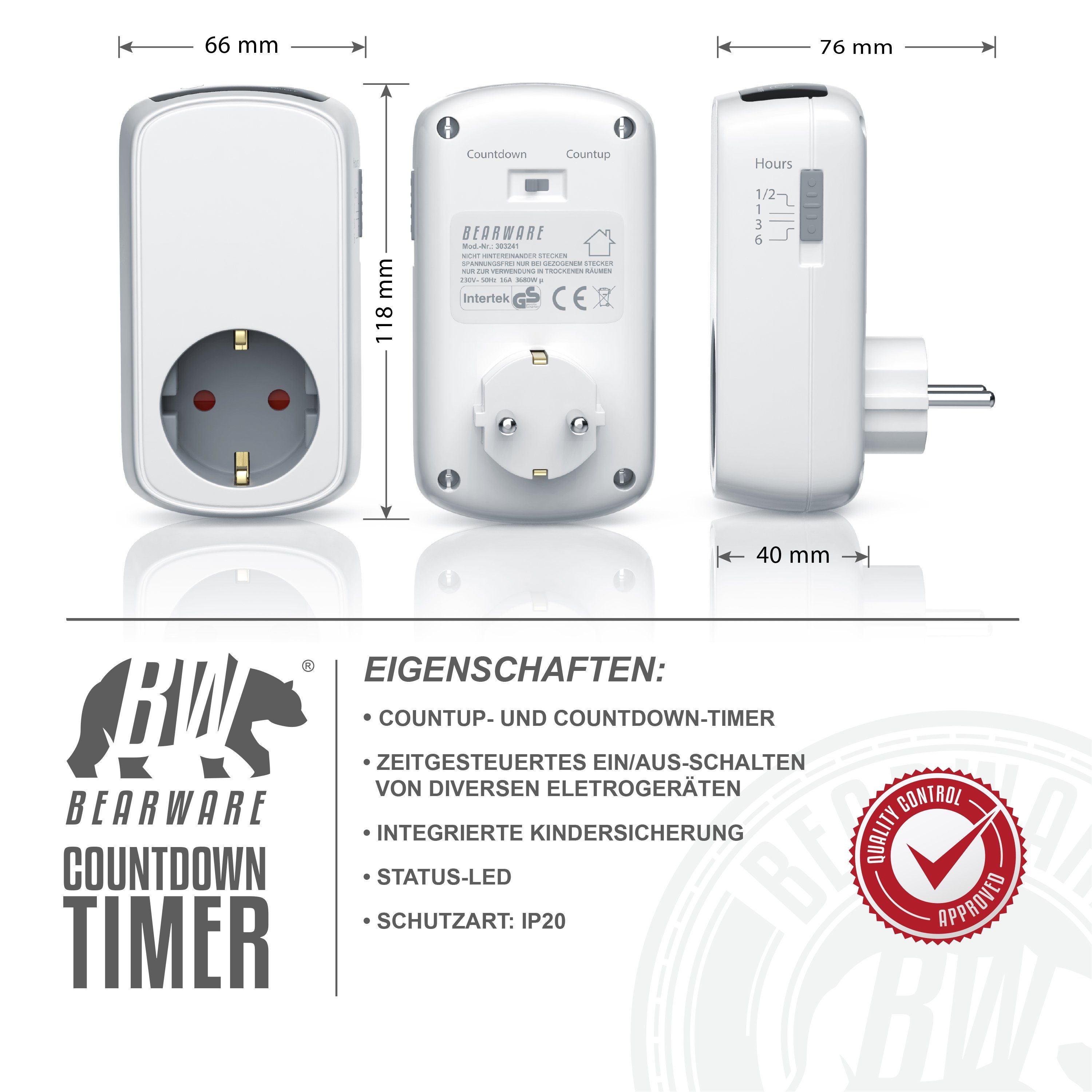 CSL Tageszeitschaltuhr, mechanisch, 1-St., Countdown Timer, Zeitschalter, Kindersicherung, Countup Timer