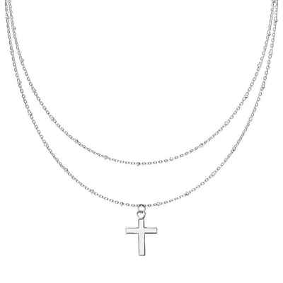 BUNGSA Ketten-Set »Kette Doppelkette Kreuz silber aus Edelstahl Damen« (1-tlg., inkl. Schmuckbeutel aus Organza), Halskette Necklace