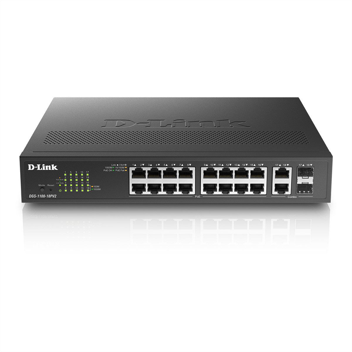 D-Link DGS-1100-18PV2 18Port PoE+ Switch Gigabit Smart Managed Netzwerk-Switch (130 Watt)