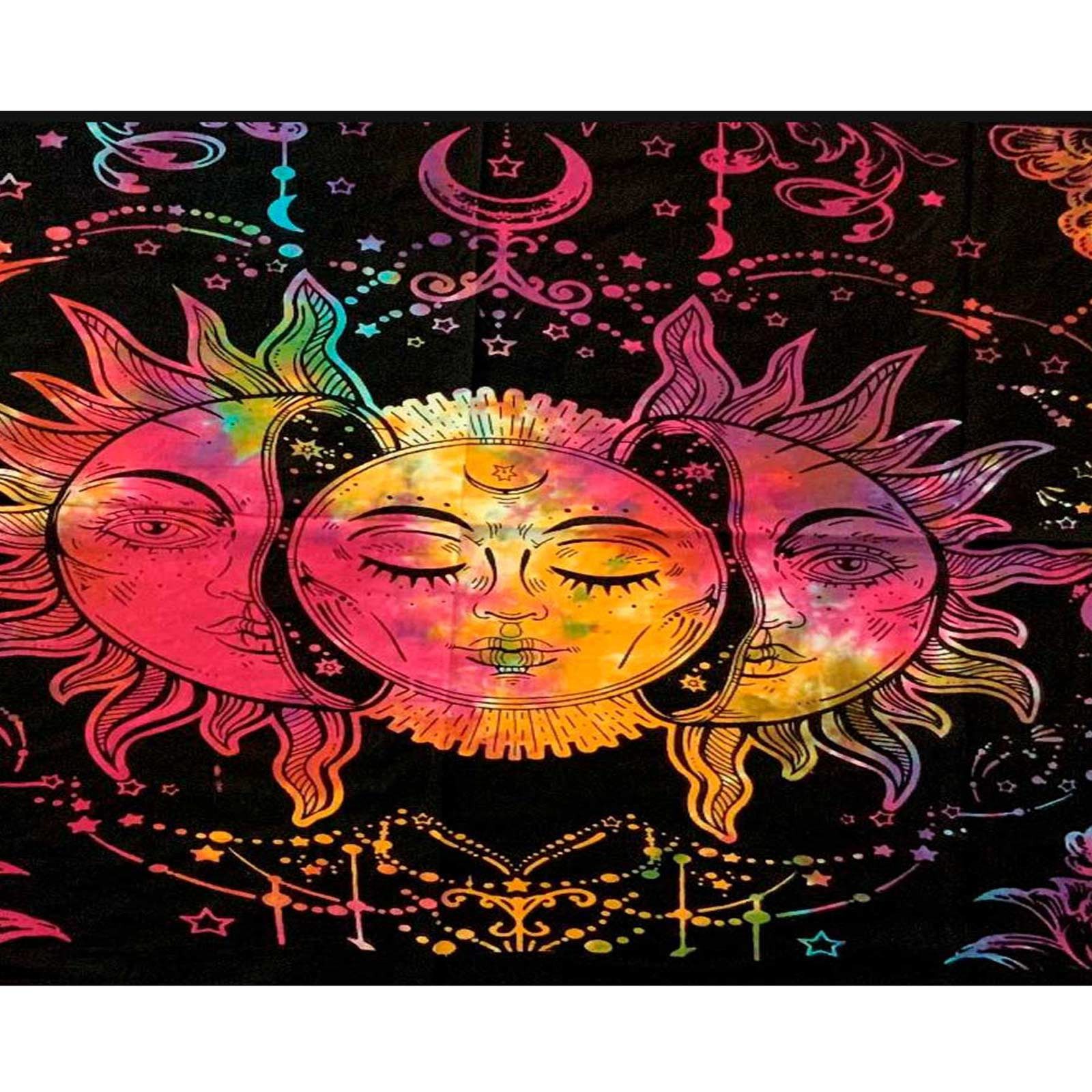 KUNST UND MAGIE Wandteppich Tagesdecke Wandbehang Bunt Sonne Mond und Sterne Hippie ca.200 x 140cm