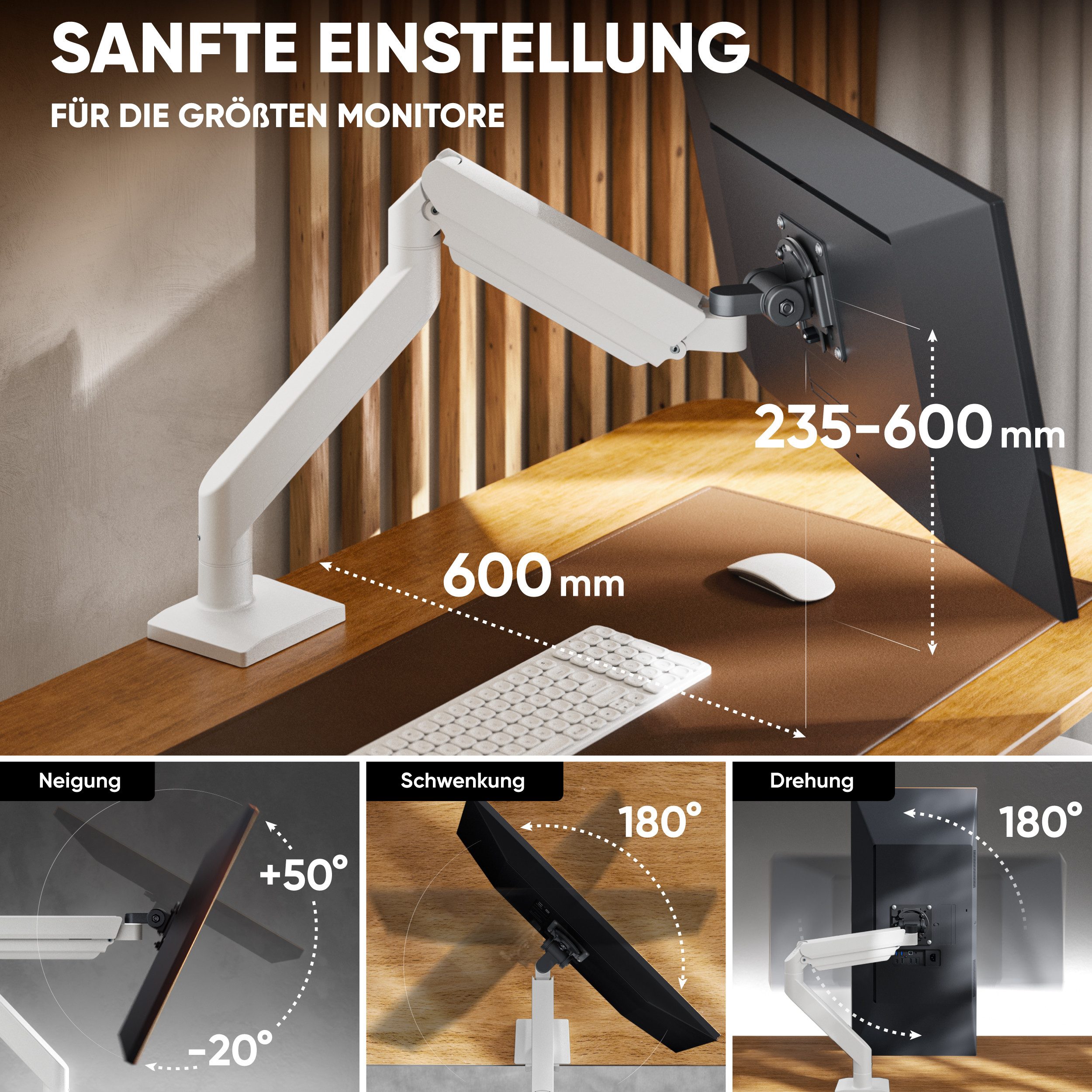 ONKRON Monitor-Halterung 13-55 Zoll, bis 25 kg, VESA 75x75-100x100, G110-BW, (bis 55 Zoll, neigbar, schwenkbar, drehbar, höhenverstellbar, Gasfeder, Kabelkanal)