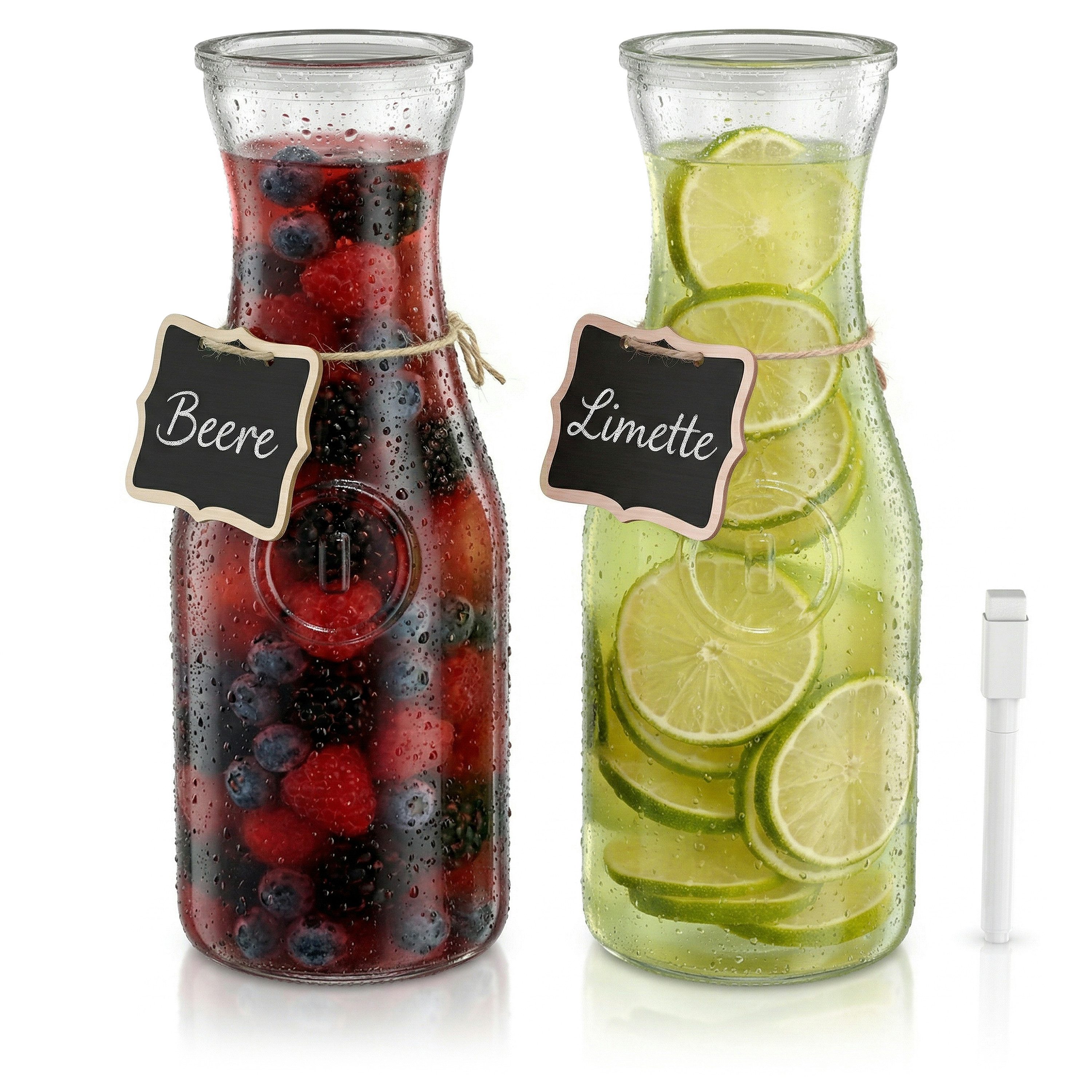 Arendo Karaffe Glaskaraffe mit Deckel, Wasserkaraffe, Glaskrug 2er Set 1L, (2-tlg), Kalt- und Warmgetränke, 1000 ml, hochwertiges, robustes Klarglas