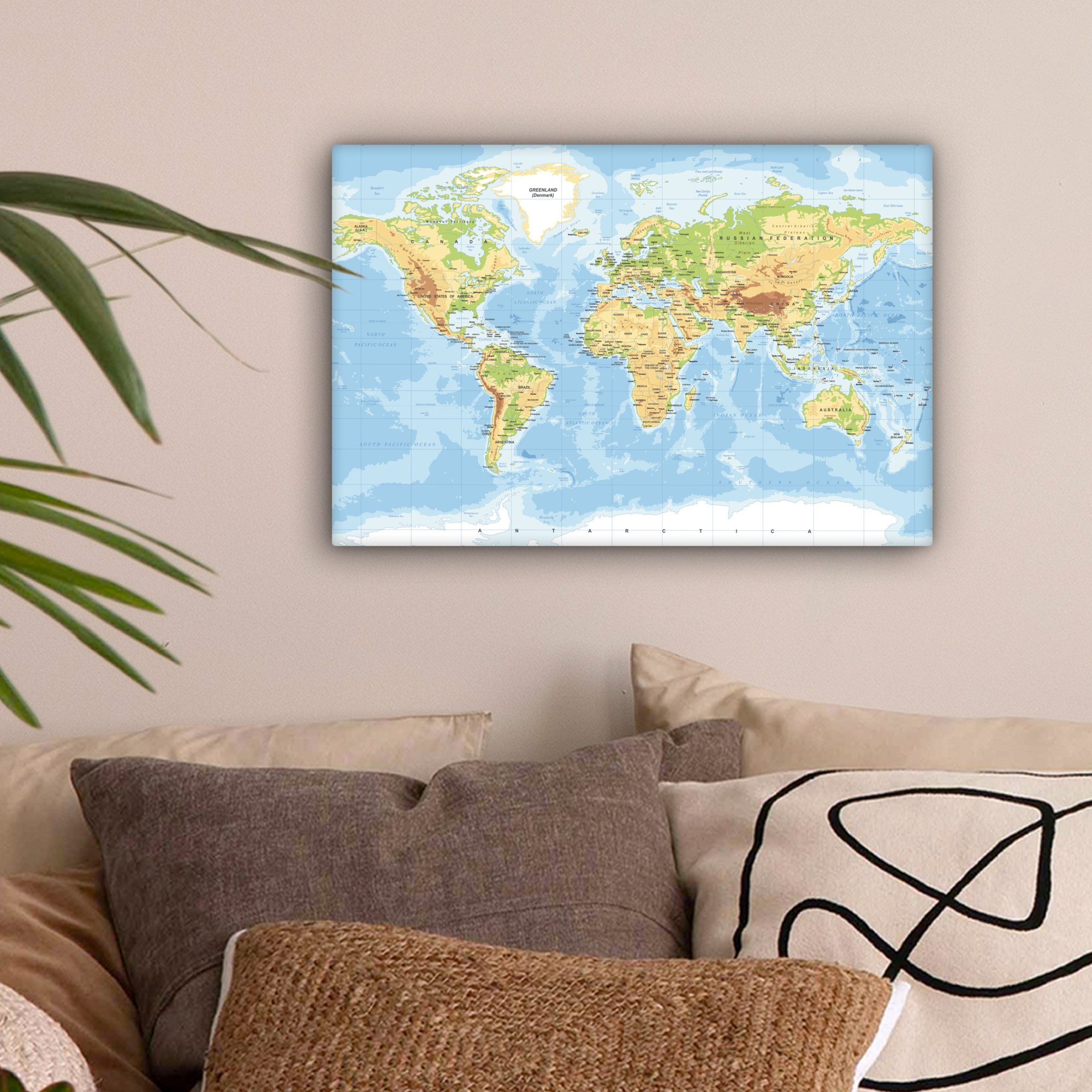 OneMillionCanvasses® Leinwandbild Weltkarte - Geographie - Atlas, Fotodruck (1 St), Leinwand Bilder Klein, Wand Dekoration Aesthetic 30x20 cm