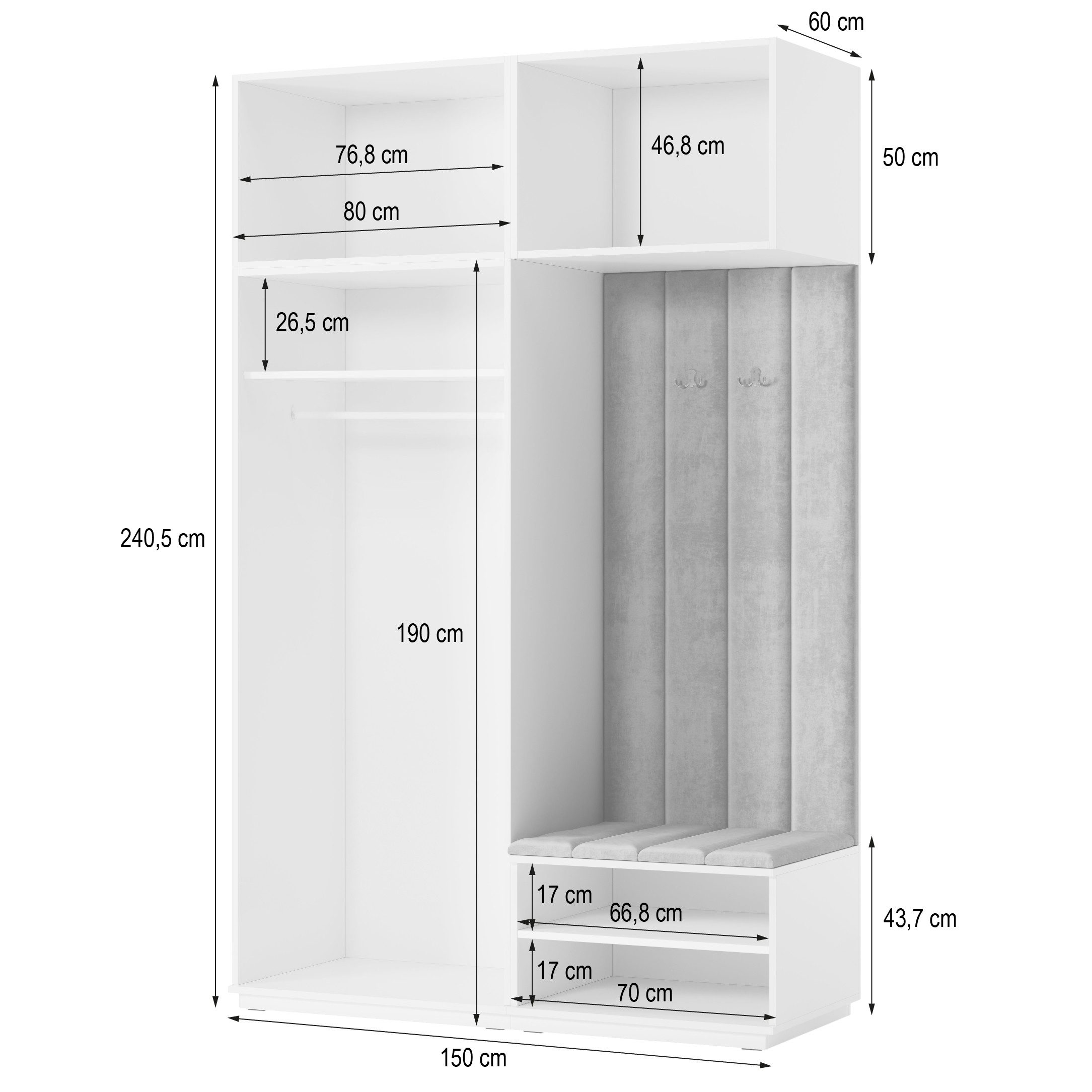 Masseno Garderobenschrank REMA 150 x 240 cm Garderoben-Set mit 2 Türen Kaschmir – Bild 4 von 5