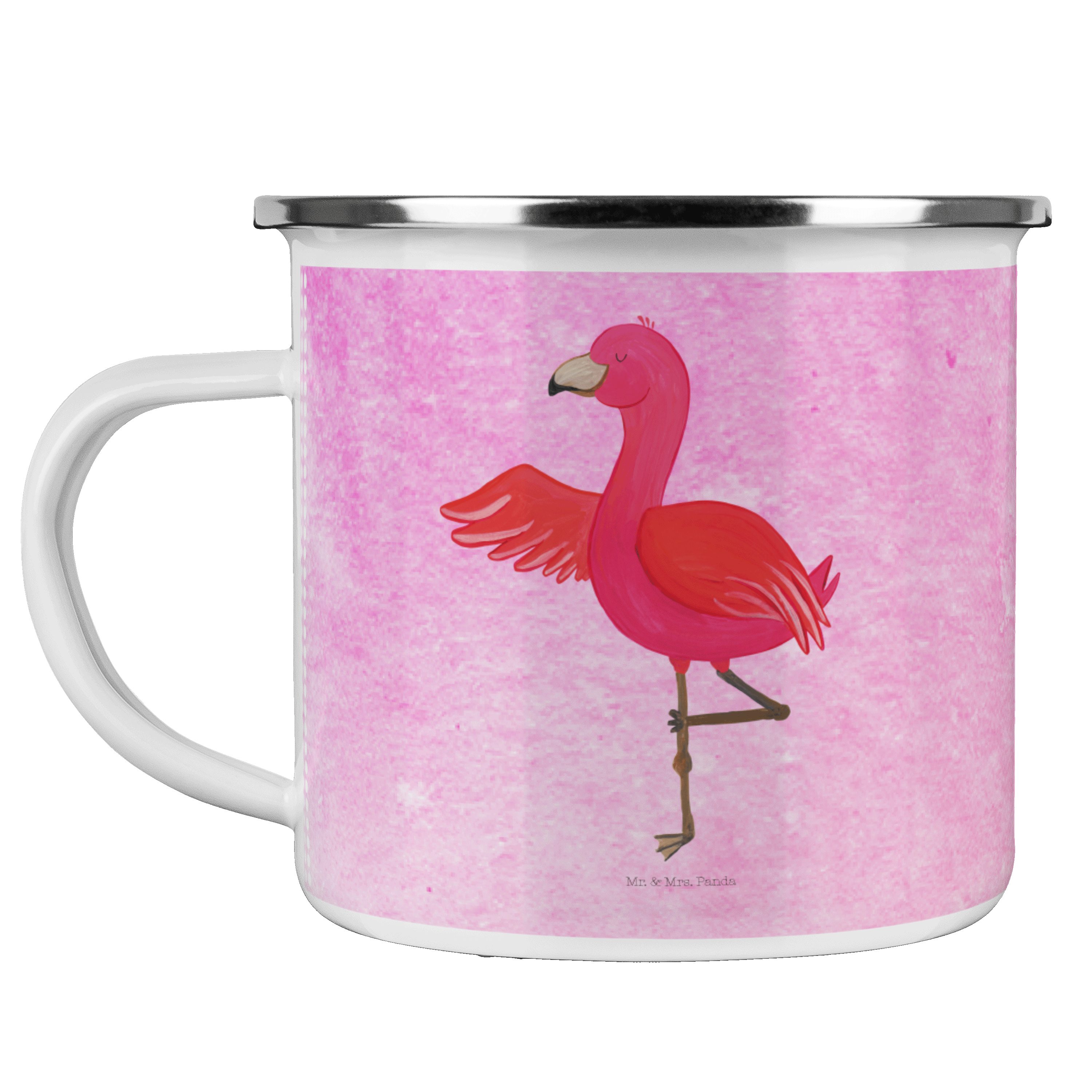 Flamingo Mr. Achtsamk, Geschenk, & Blechtasse, Becher - Aquarell Pink Yoga Emaille Mrs. - Kaffee Panda