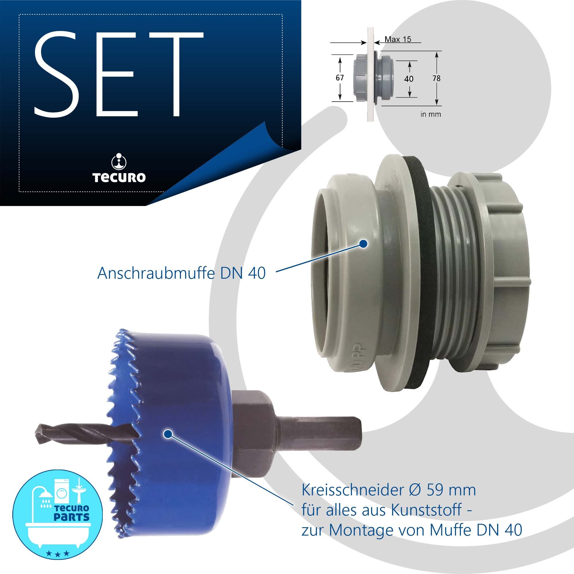 tecuro Ablaufrohr Kombi-Set Anschraub-Muffe DN 40, KS-grau, inkl. Kreisschneider Ø 59 mm