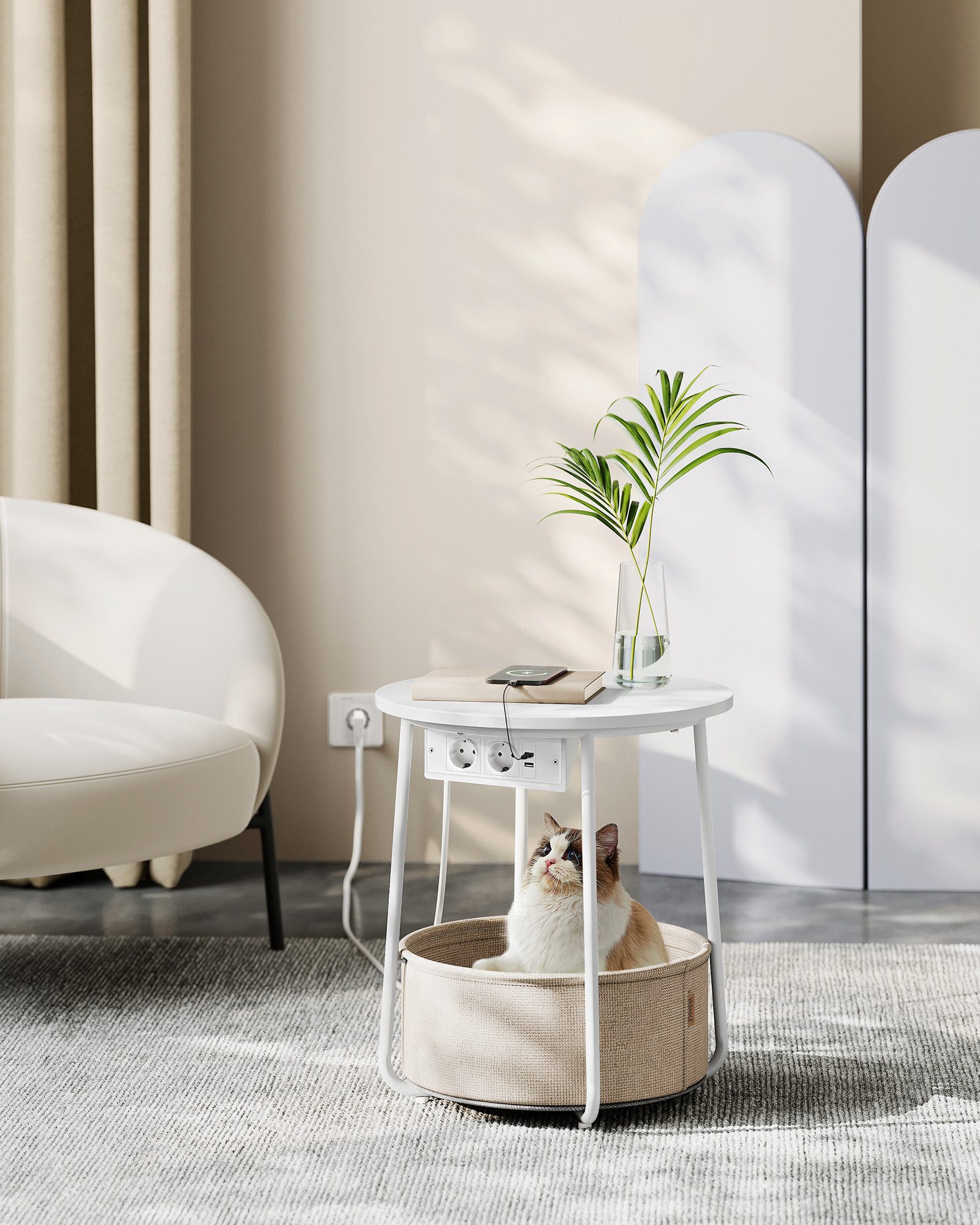 VASAGLE Beistelltisch, rund, mit Steckdose, USB-Anschlüsse, mit Korb aus St günstig online kaufen