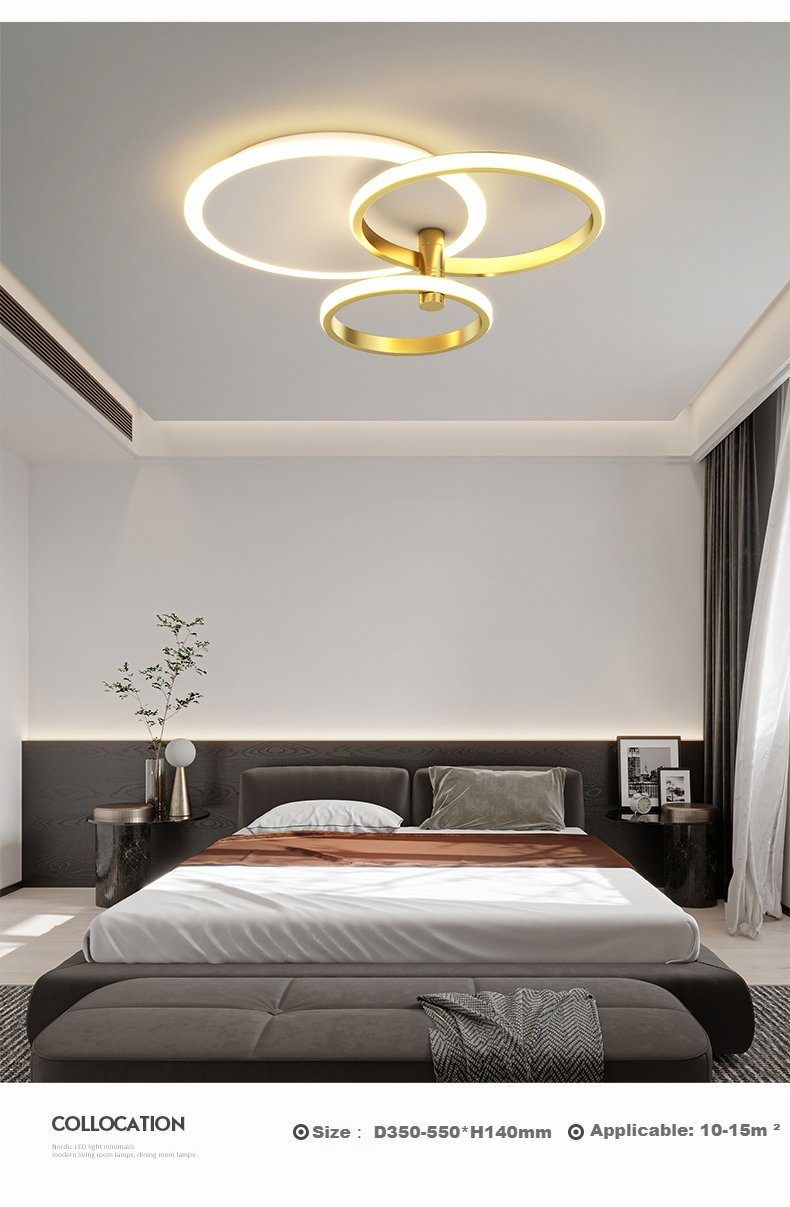 LED Deckenlampe Gold Deckenleuchte dimmbar Ringe Weiß + Dimmbar stufenlos 3/5 Fernbedienung integriert, Deckenleuchten fest mit Daskoo LED Schlafzimmer, LED Warmweiß/Neutralweiß/Kaltweiß,