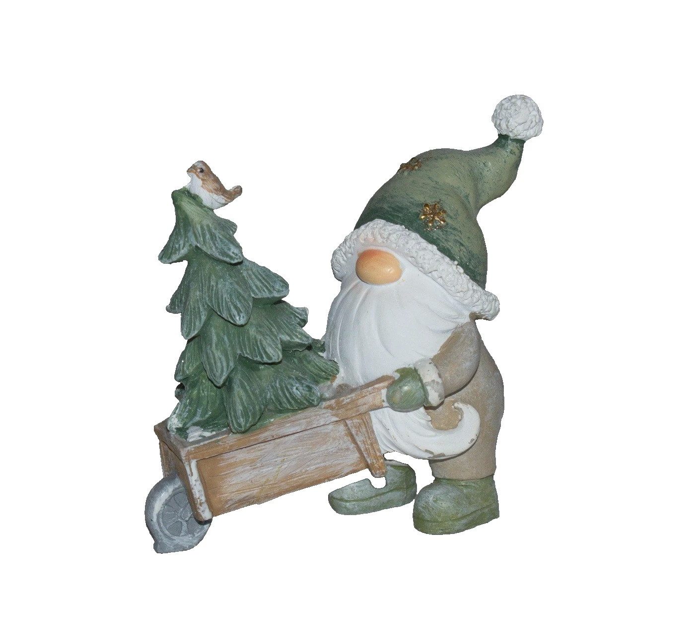 Kaufhaus le petit Weihnachtsfigur Weihnachtsmann Wichtel mit Schubkarre Tanne Vogel Deko Figur Skulptur, Dekofigur Dekoskulptur Dekoobjekt aus Polyresin (Kunststein)