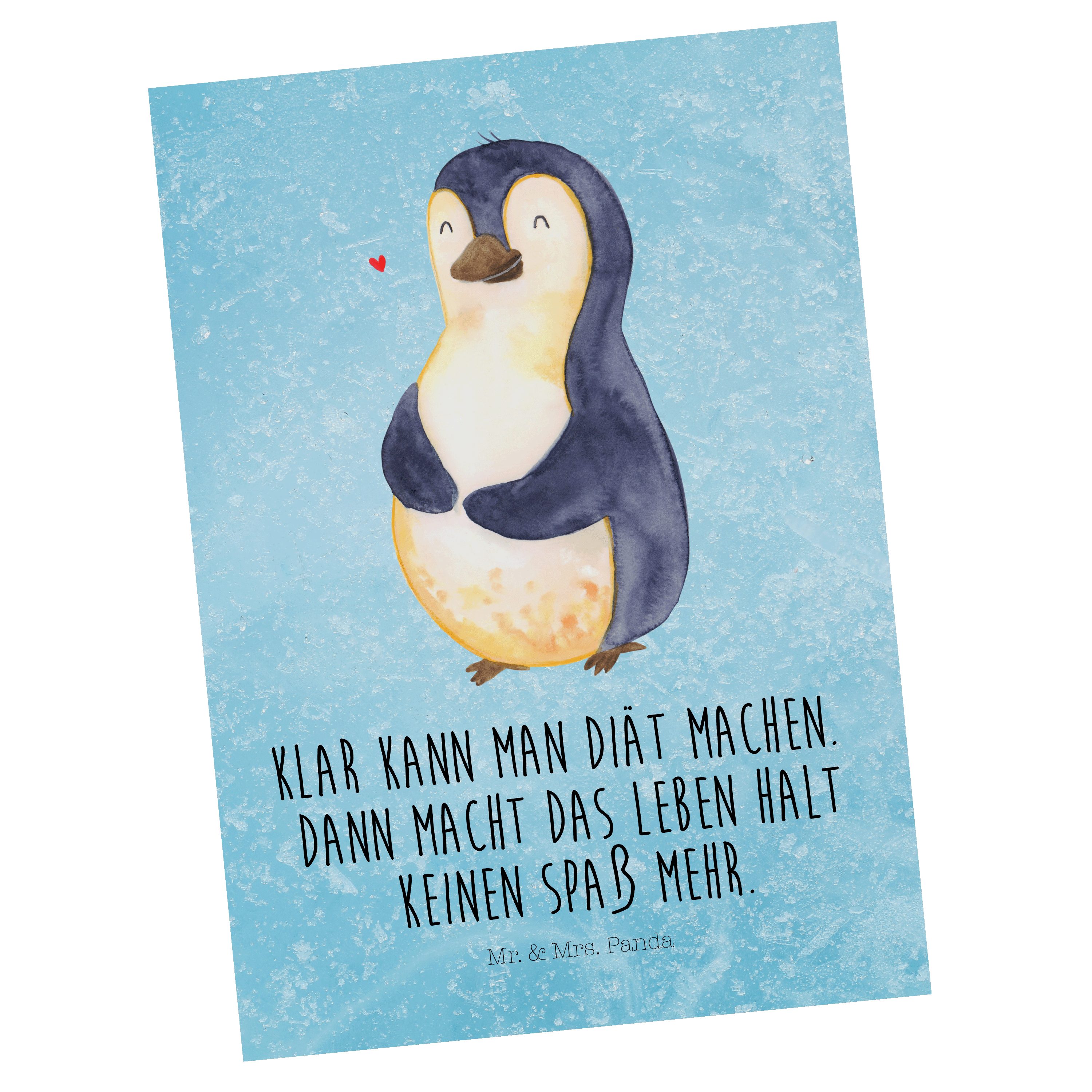 Mr. & Mrs. Panda Postkarte Selbstlieb Pinguin - Diät Geschenk, Gewicht, Ansichtskarte, - Eisblau
