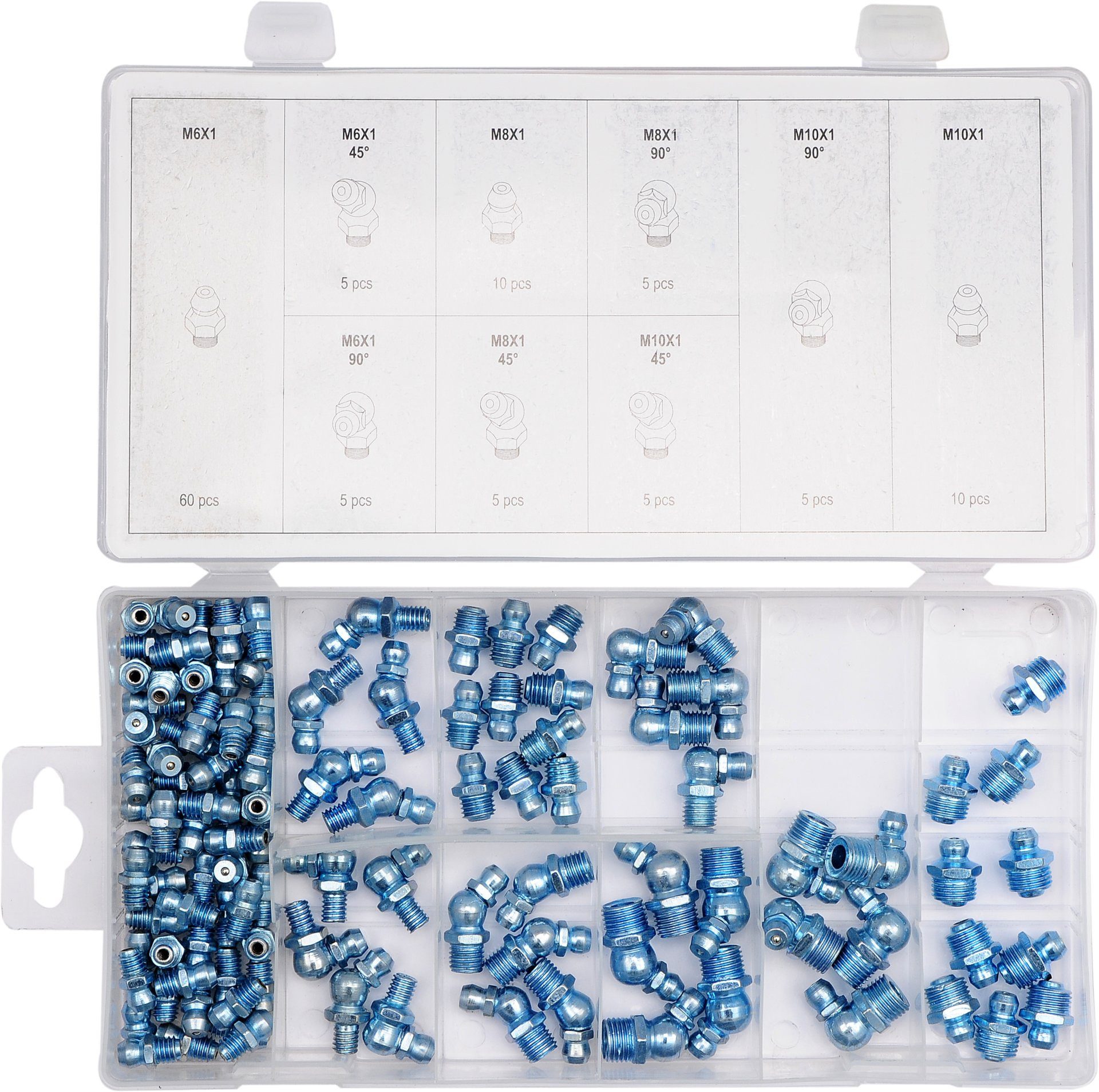 Yato Werkzeugset Schmiernippel, Fettnippel SET metrisch, M6, M8, M10, 110 Stk.