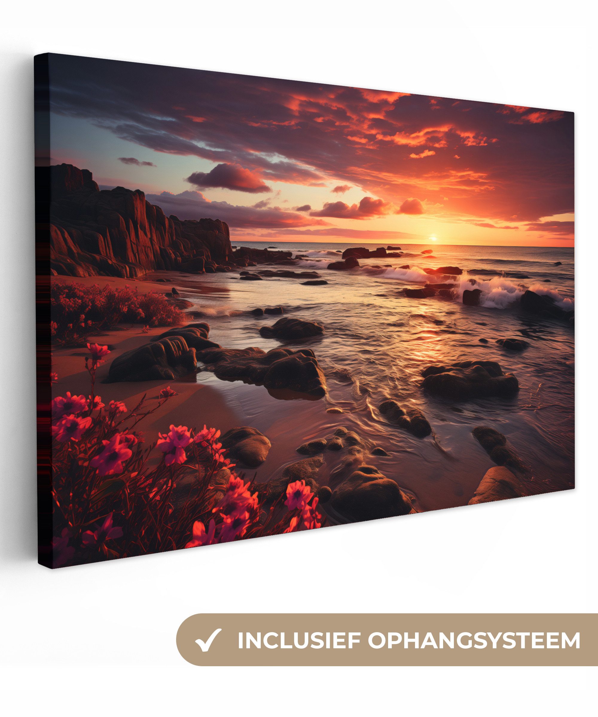 OneMillionCanvasses® Leinwandbild Strand - Sonnenuntergang - Blumen - Felsen - Meer, Fotodruck (1 St), Leinwand Bilder Klein, Wand Dekoration Aesthetic 30x20 cm
