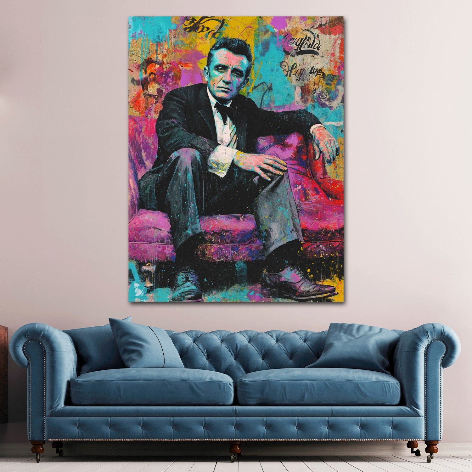 Artedinoi Leinwandbild Pop Art Johnny Porträt auf Sofa Leinwandbild Wandbild Kunstdruck XL Wa, Mann auf Sofa, Porträt