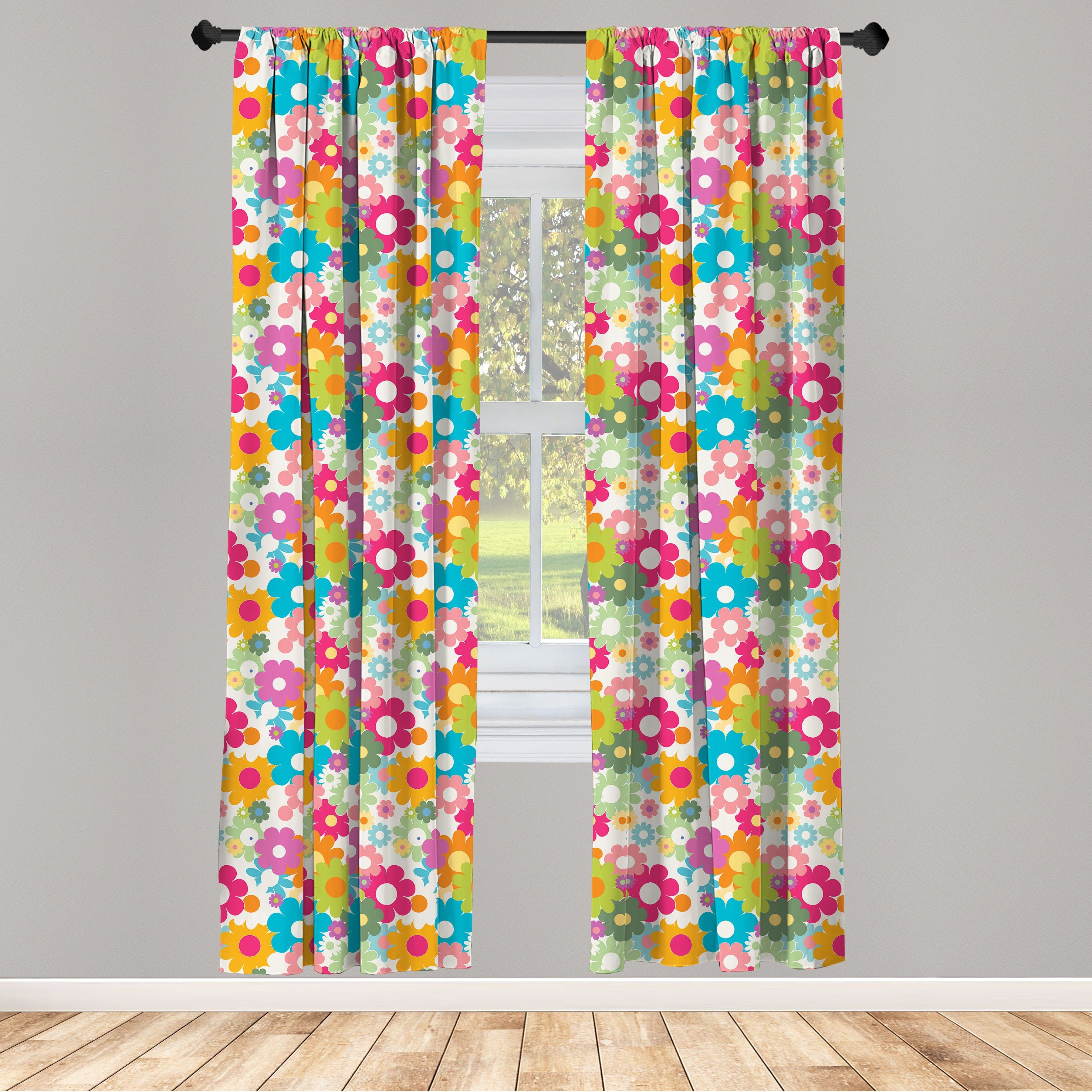 Gardine Vorhang für Wohnzimmer Schlafzimmer Dekor, Abakuhaus, Microfaser, Blumen Sixties Inspiration