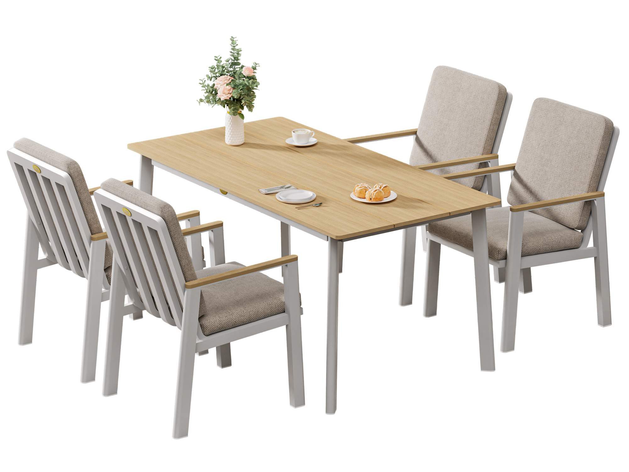 MeXo Gartenlounge-Set Garten Essgruppe für 4 Personen, (Gartenmöbel Set aus Aluminium, 5-tlg., mit PS-Tisch & bequemen Sesseln inkl. Kissen), Ideal für Garten, Terrasse & Balkon