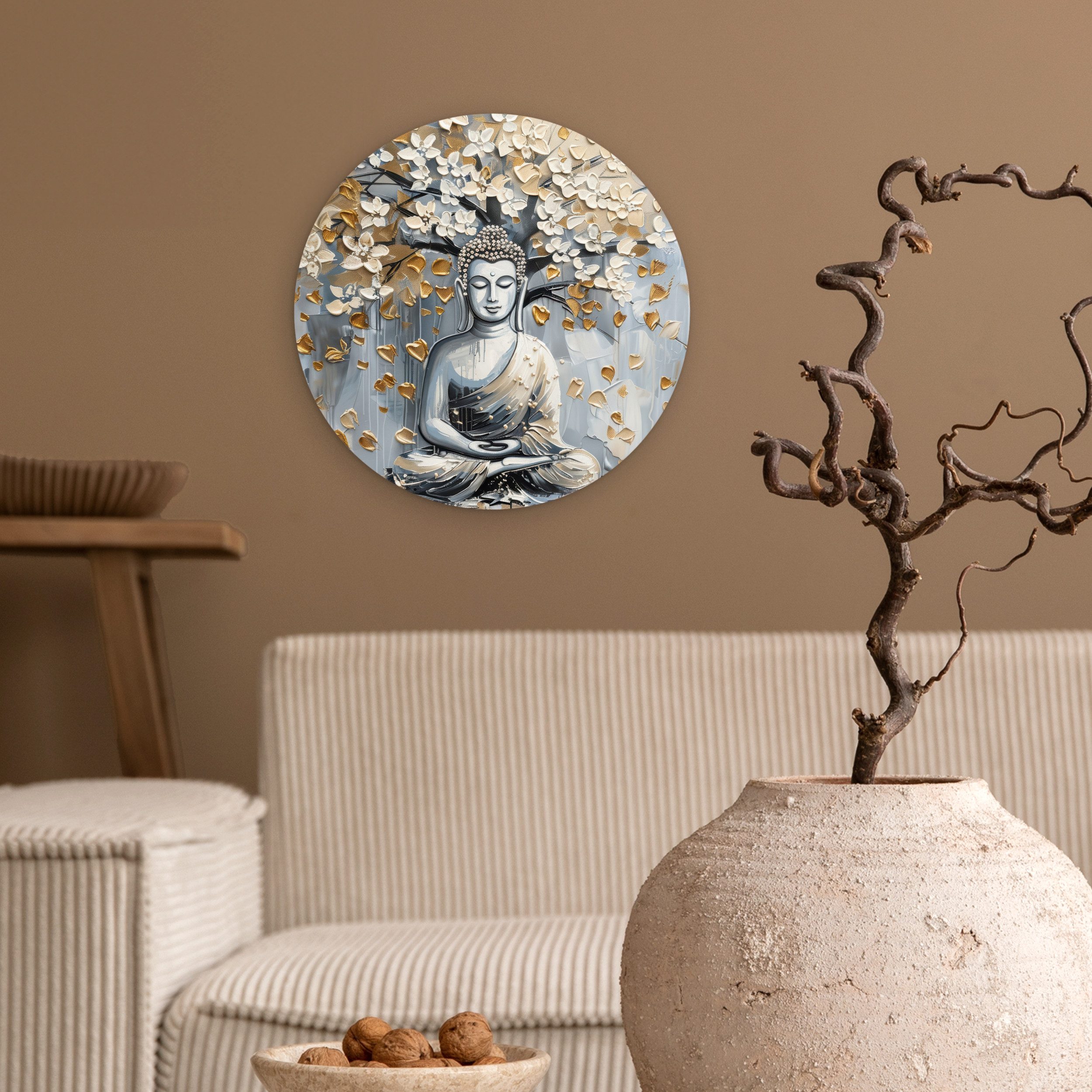 MuchoWow Gemälde Buddha - Blumen - Baum - Gold - Modern, Fotodruck (1 St), Kreis Wanddekoration, Rundes Wandbild, 30x30 cm