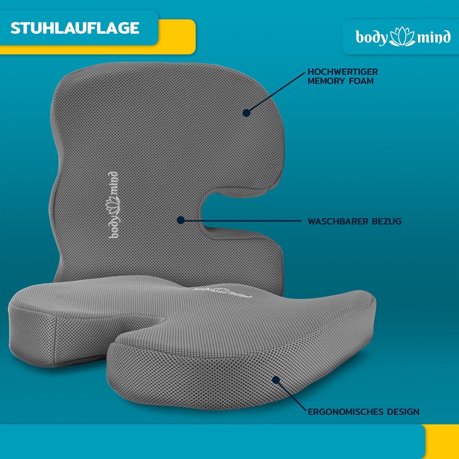 Body & Mind Sitzkissen Body & Mind Sitzkissen – Orthopädisches Keilkissen für Büro & Auto, Ergonomische Stuhlauflage Bürostuhl-Kissen