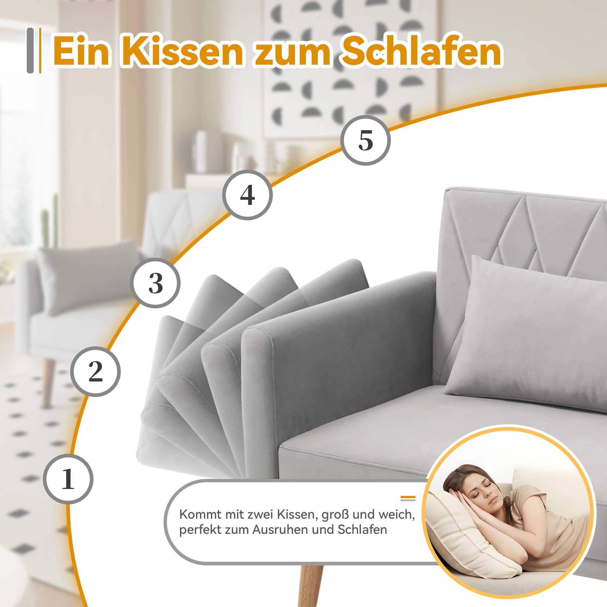 Merax Schlafsofa klappbar Zweisitzer-Sofa mit Schlaffunktion, Doppelsofa aus Samtstoff, 1 Teile, Polstersofa mit verstellbarer Rückenlehne & Armlehnen, inkl. Kissen