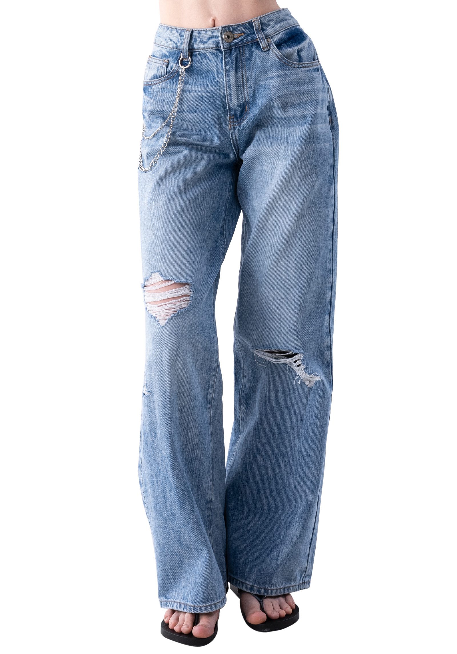 KORVIN Destroyed-Jeans High Waist Straight Fit Leg Weite Baggy Blaue Ripped Jeans mit Löchern (Packung) Zerrissene Optik