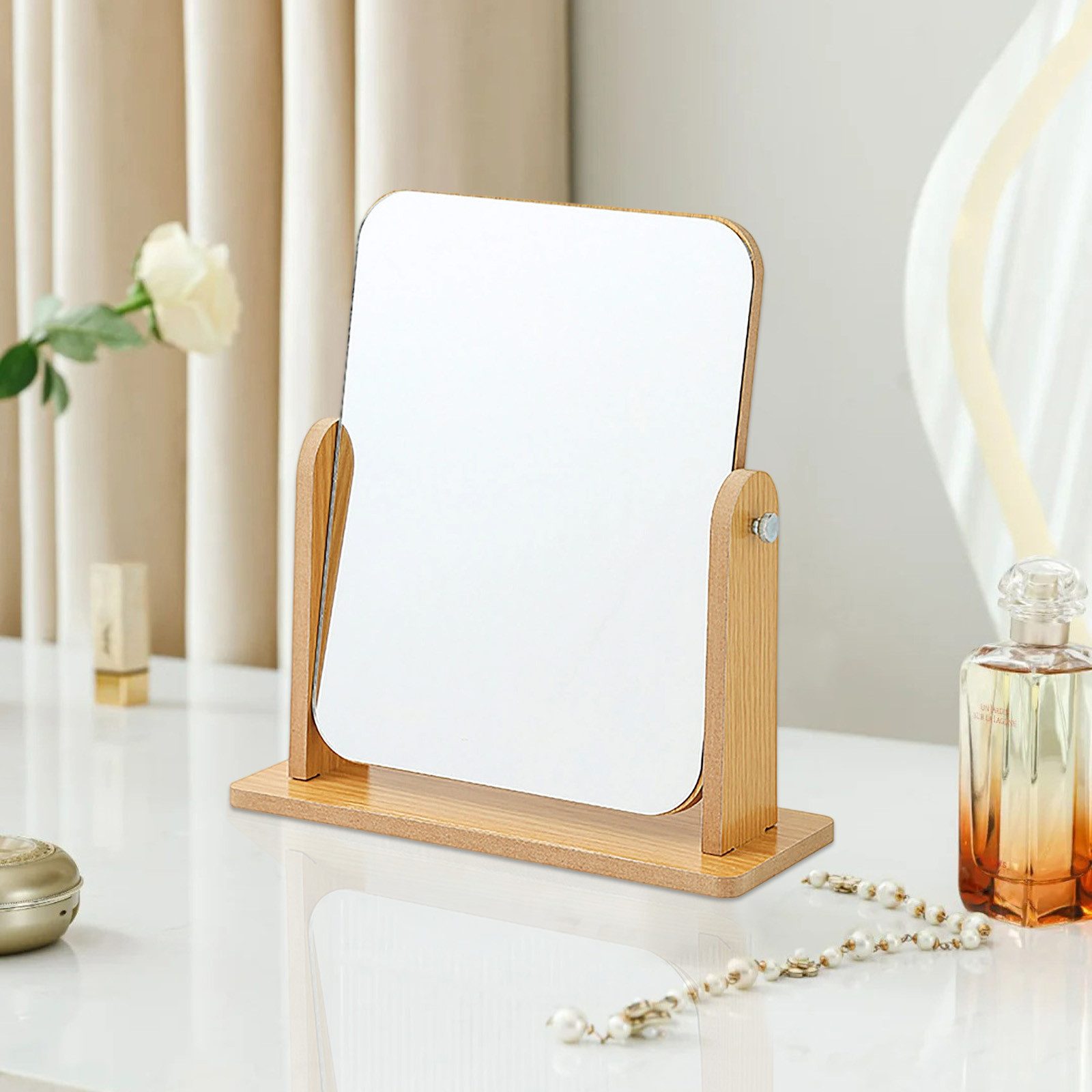 MODFU Spiegel Reisespiegel Arbeitsplattenspiegel Tischspiegel Holz (360 Grad Freistehend Tischspiege 23.5 x 22 x 8 cm, einfache Selbstmontage), für Schminktisch Schreibtisch Badezimmer Schlafzimmer Zuhause Reise