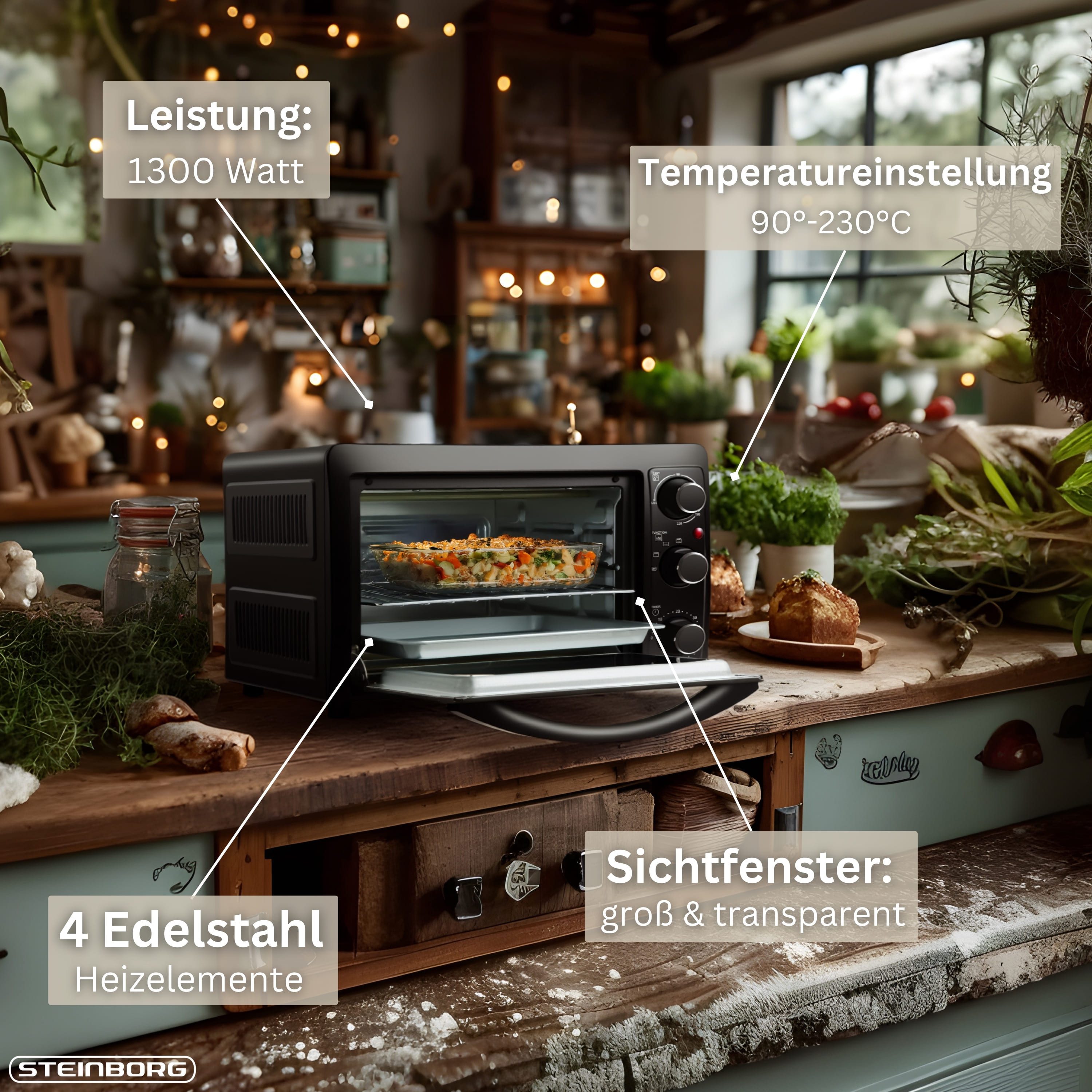 STEINBORG Minibackofen SB-3015, 15 Liter, mit Krümelblech, 1300 Watt