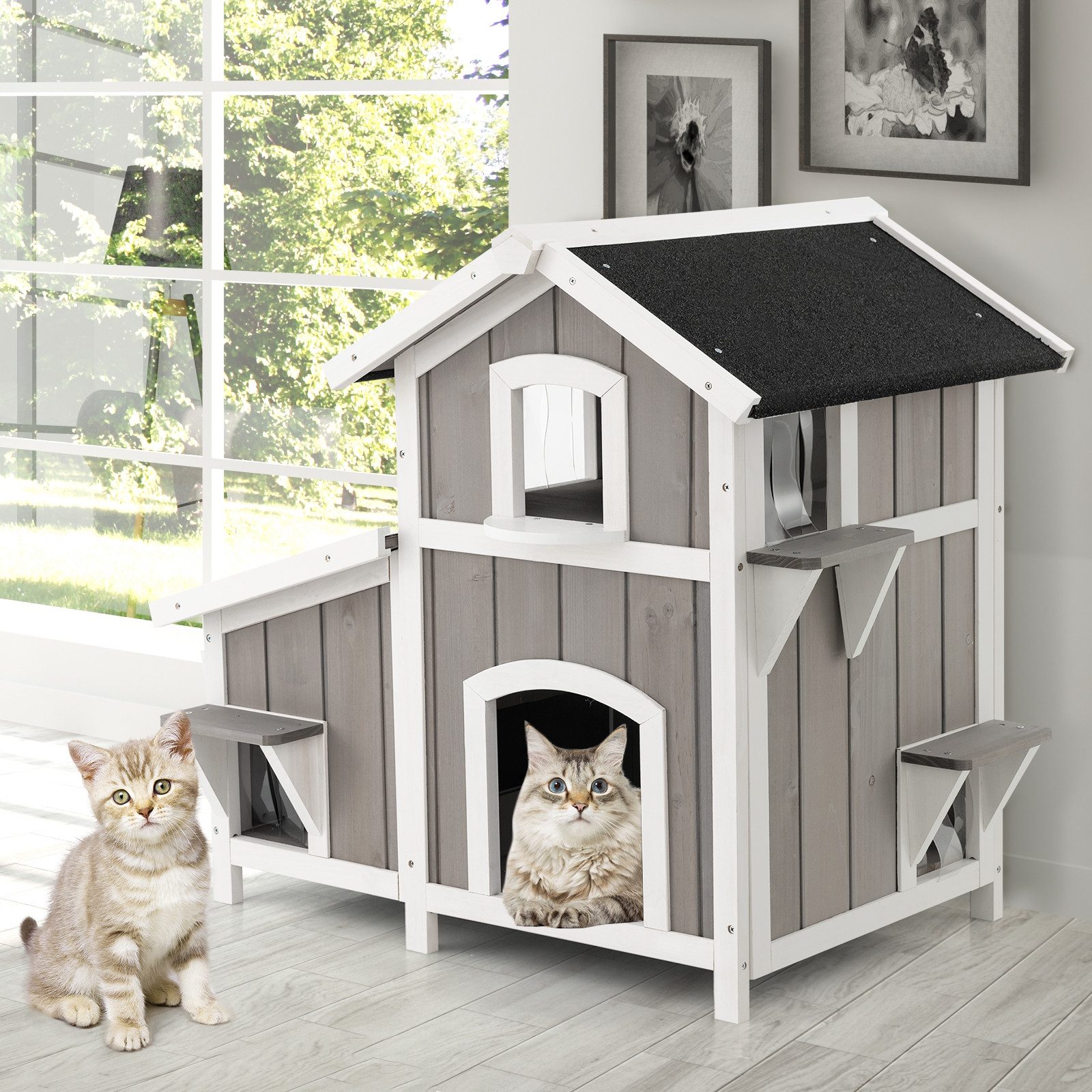 COSTWAY Tierhaus, Katzenhaus, 2-stöckig, mit Asphaltdach, für draußen