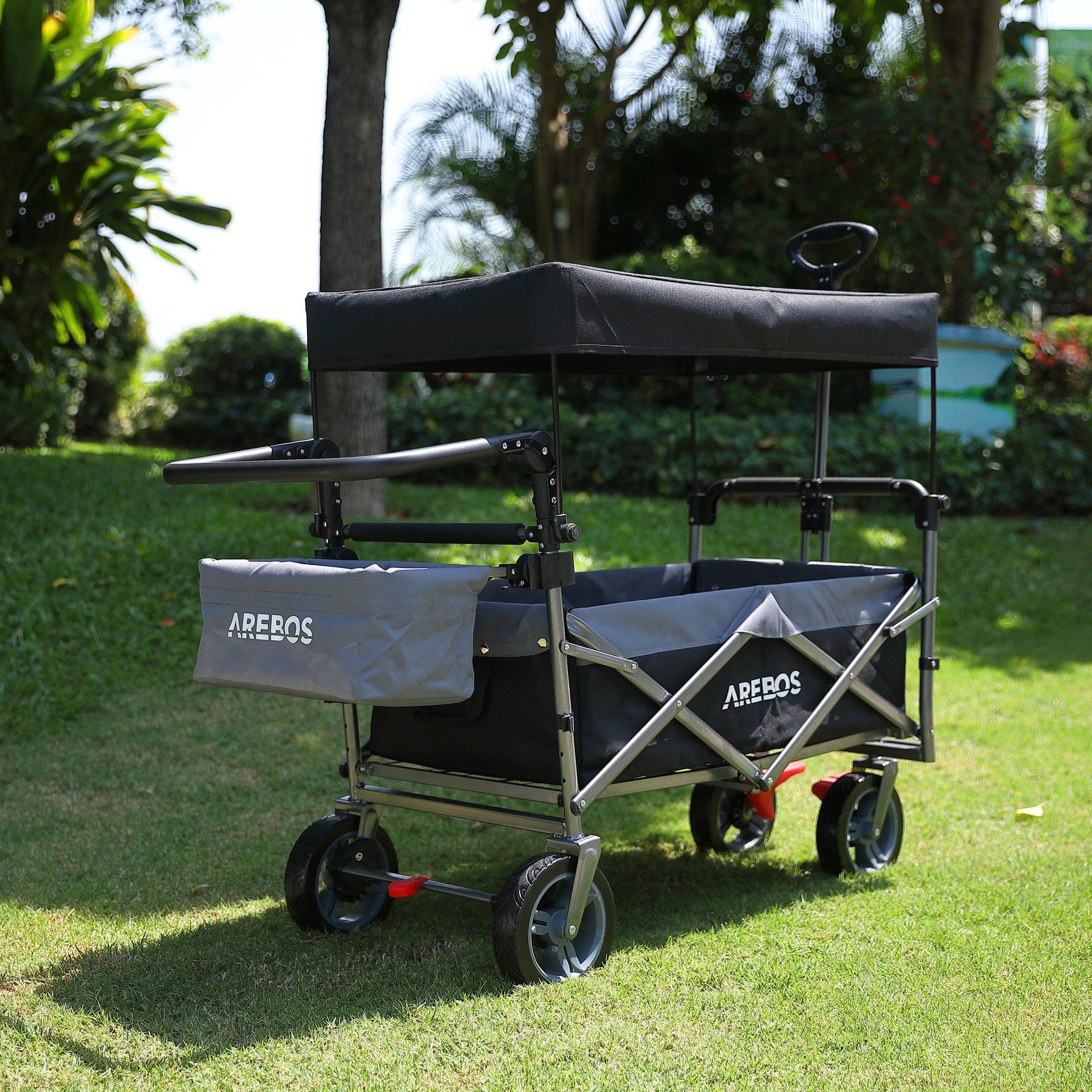 Arebos Bollerwagen mit Dach Premium, Handwagen Transportkarre 100 kg tragekraft, Vorder- und Hinter-Bremse