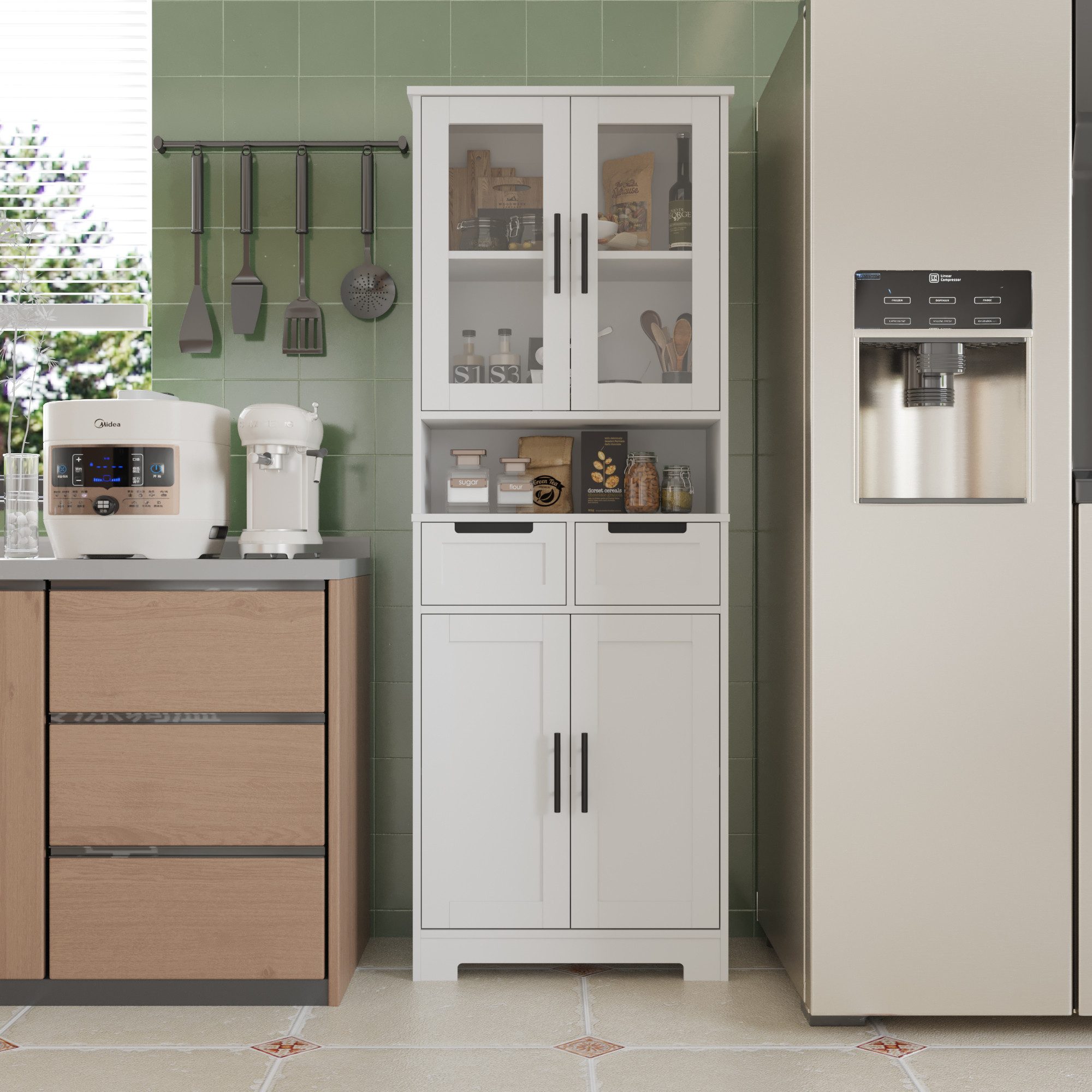 VINGLI Hochschrank, Vitrinenschrank, Küchenschrank mit 4 Türen und 2 Schubl günstig online kaufen