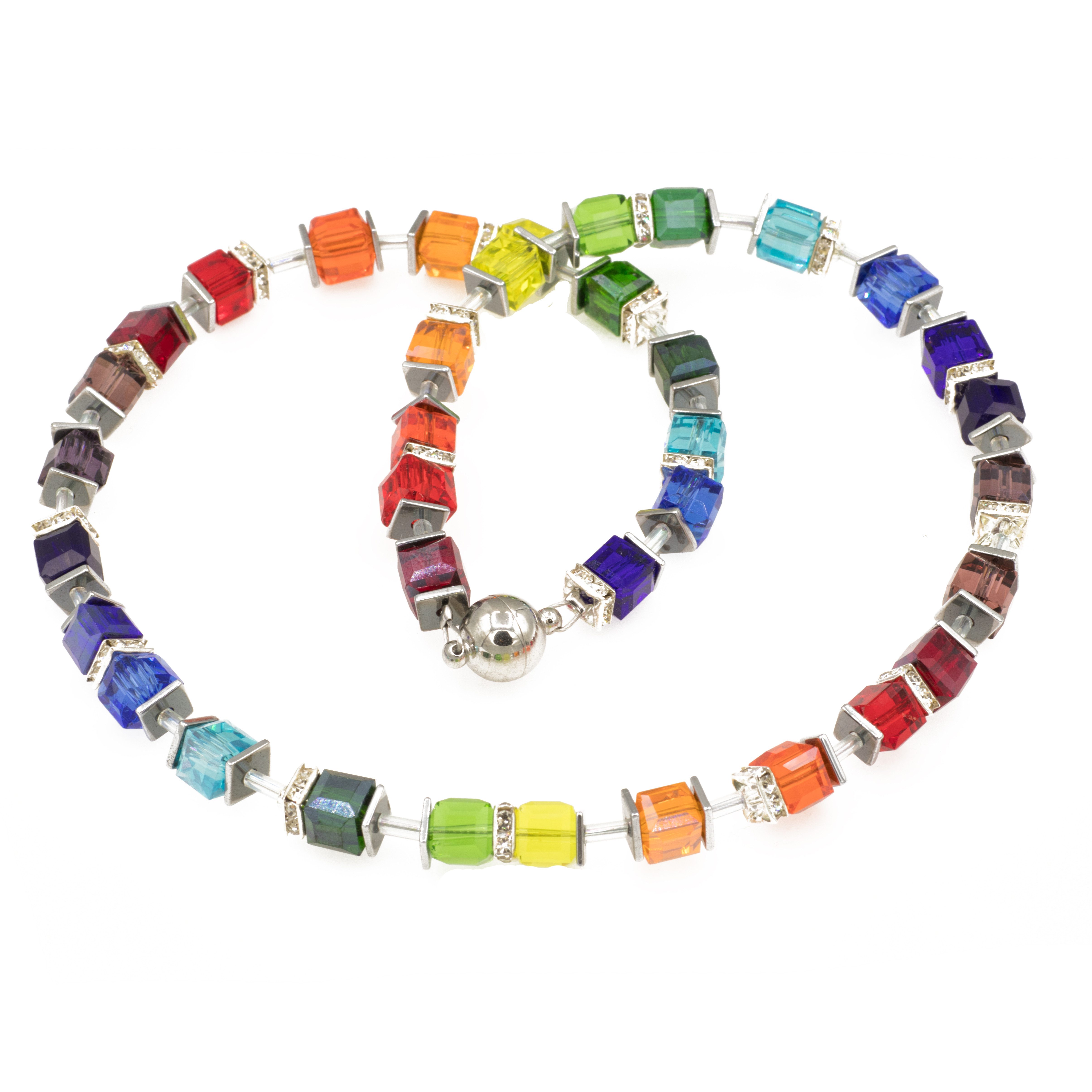 Bella Carina Perlenkette Glaswürfel Kette mit Hämatit, Regenbogen Farben Würfel Perlen, Regenbogen Farben