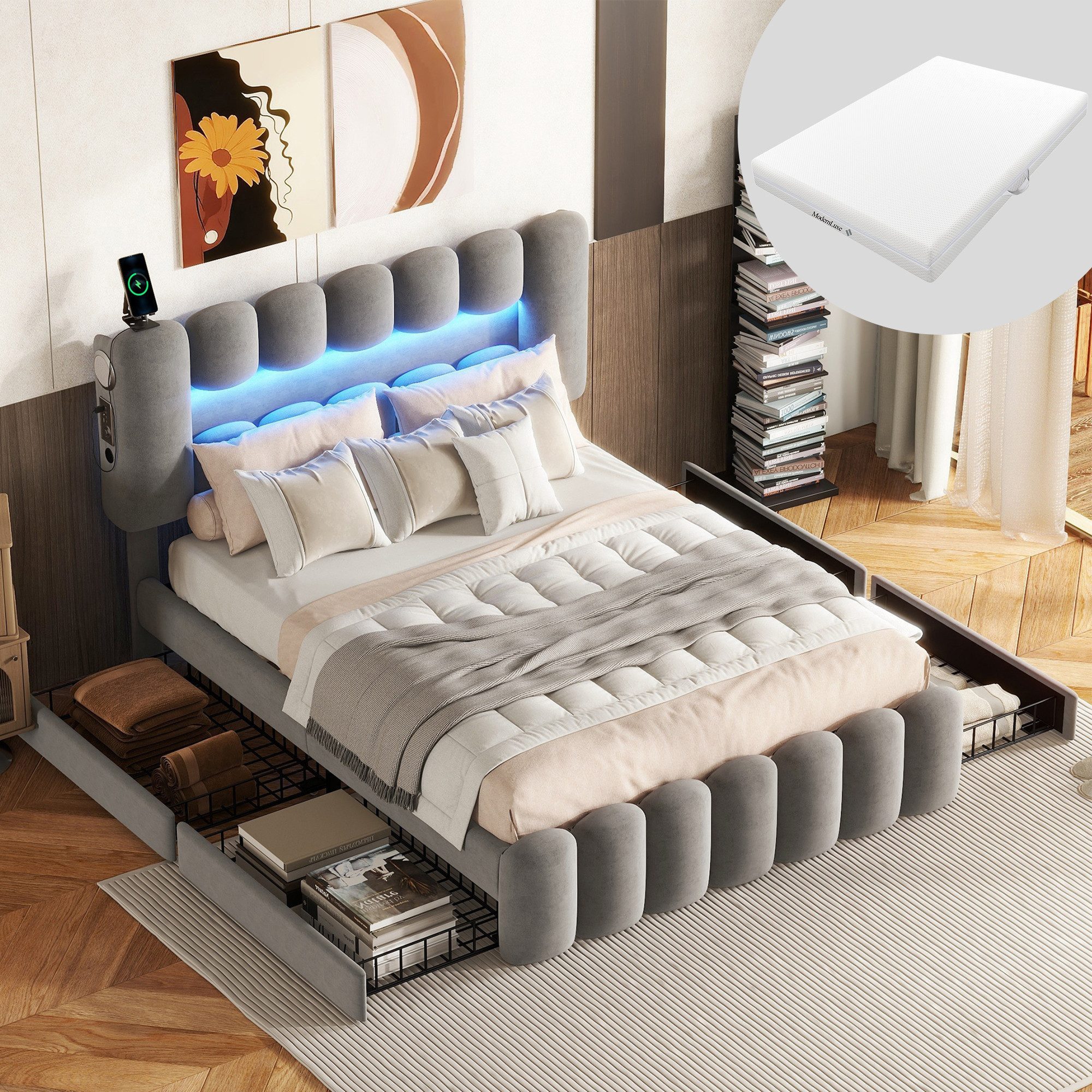 HAUSS SPOLE Polsterbett 140x200cm mit 4 Schubladen, LED-Lichtleiste, USB, G günstig online kaufen