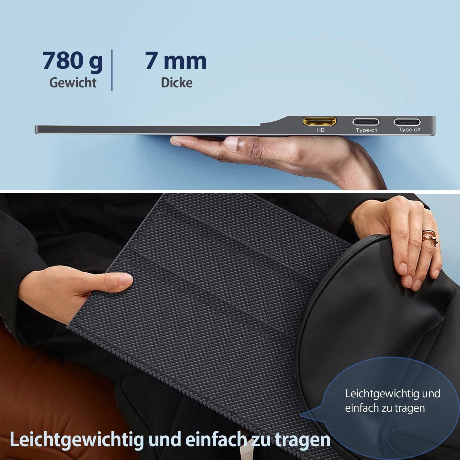 Bundviel Portable Monitor 15,6 Zoll Tragbarer Mobiler IPS 1920x1080 FHD Portabler Monitor (40 cm/15.6 ", 1920x1080 px, Full HD, 2 ms Reaktionszeit, 60 Hz, LCD, Tragbarer Monitor mit Dual-Lautsprechern, USB-C, HDMI)