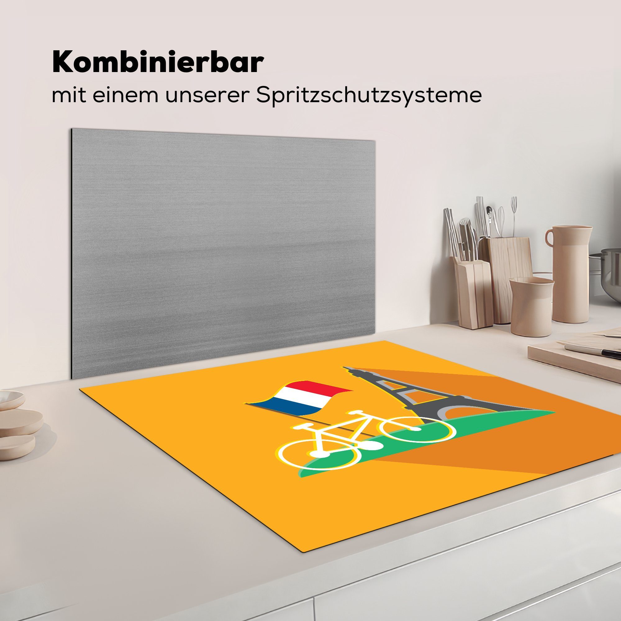 MuchoWow Herdblende-/Abdeckplatte Eine Illustration Eiffelturm Flagge und küche 78x78 (1 für Vinyl, Ceranfeldabdeckung, Fahrrad, mit tlg), cm, Arbeitsplatte