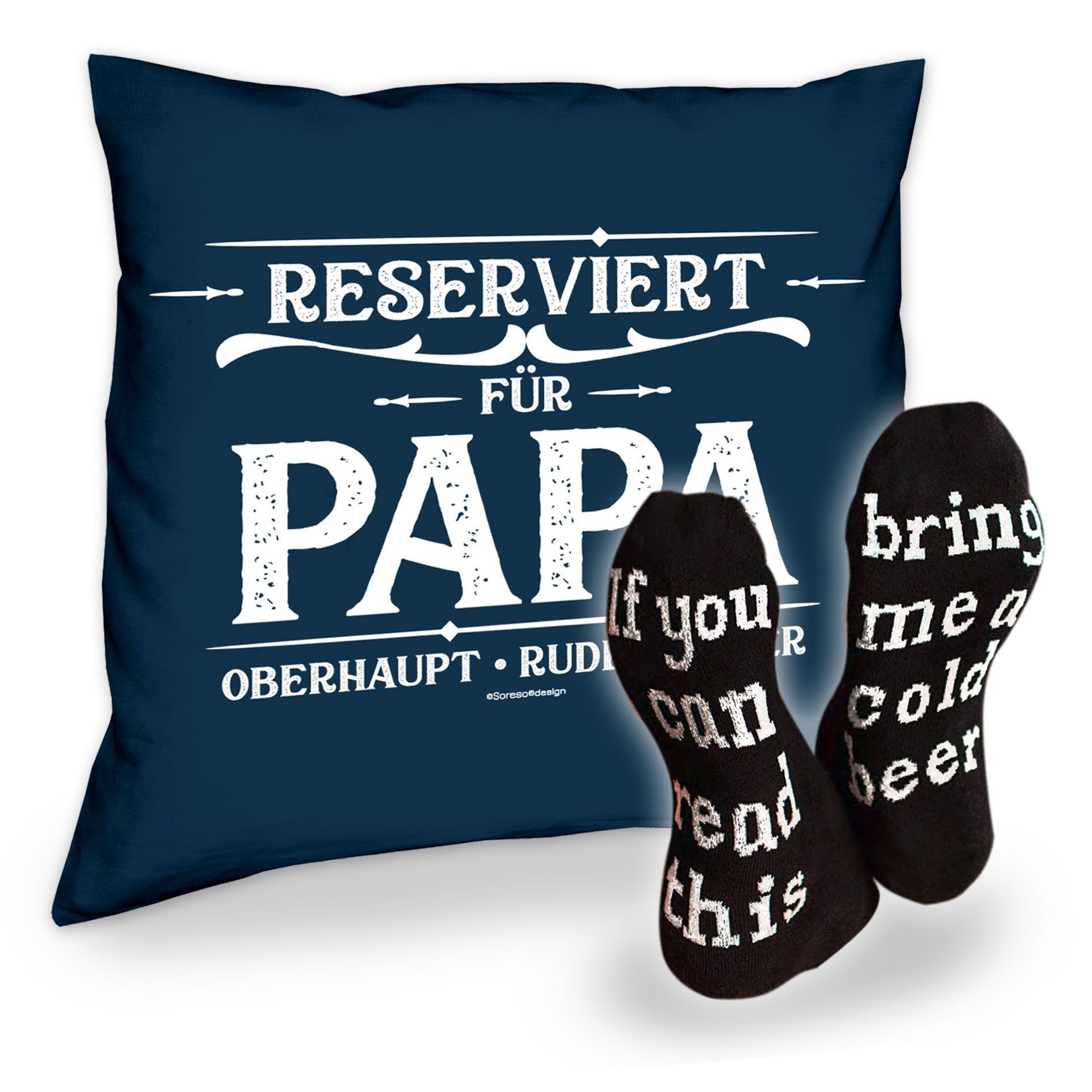 Soreso® Dekokissen Kissen Reserviert für Papa und Socken mit Bier Spruch, Geschenk Geburtstagsgeschenk navy-blau | Dekokissen